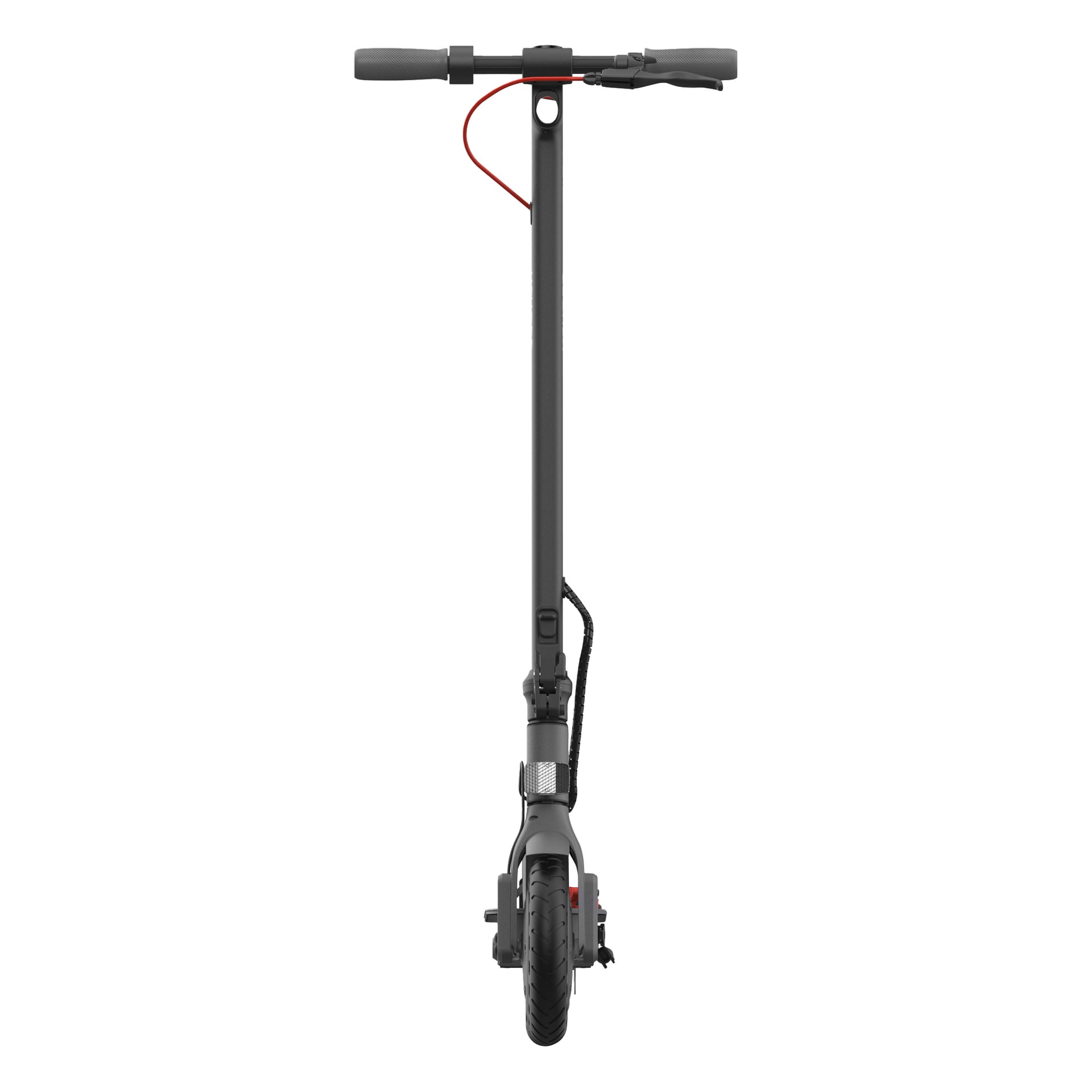 Framifrån av en svart elektrisk scooter med brett styre, röd bromskabel, upprätt styrstam och ett synligt framhjul.
