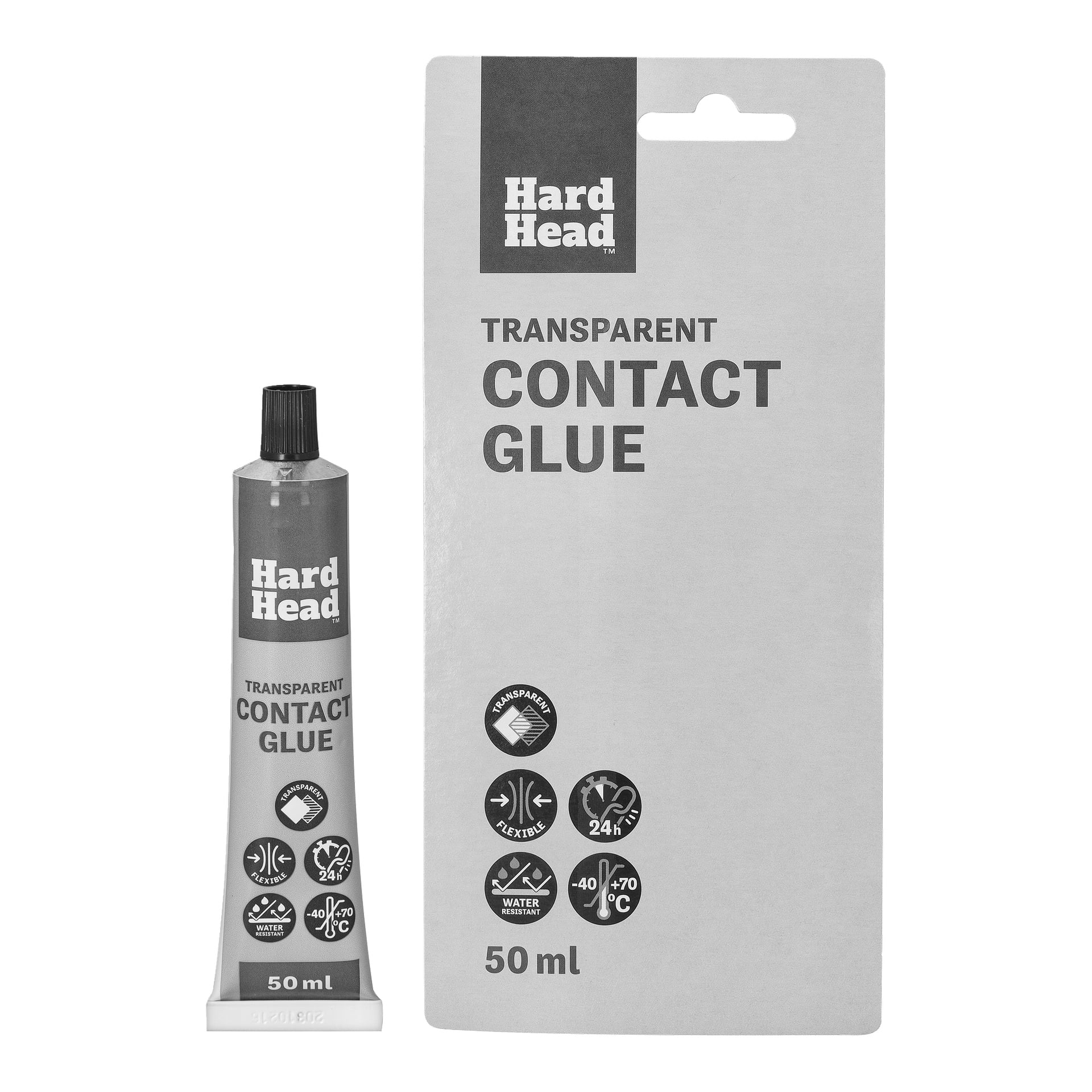 En 50 ml tub Hard Head Transparent Contact Glue bredvid förpackningen, som visar produktdetaljer och ikoner för viktiga funktioner.