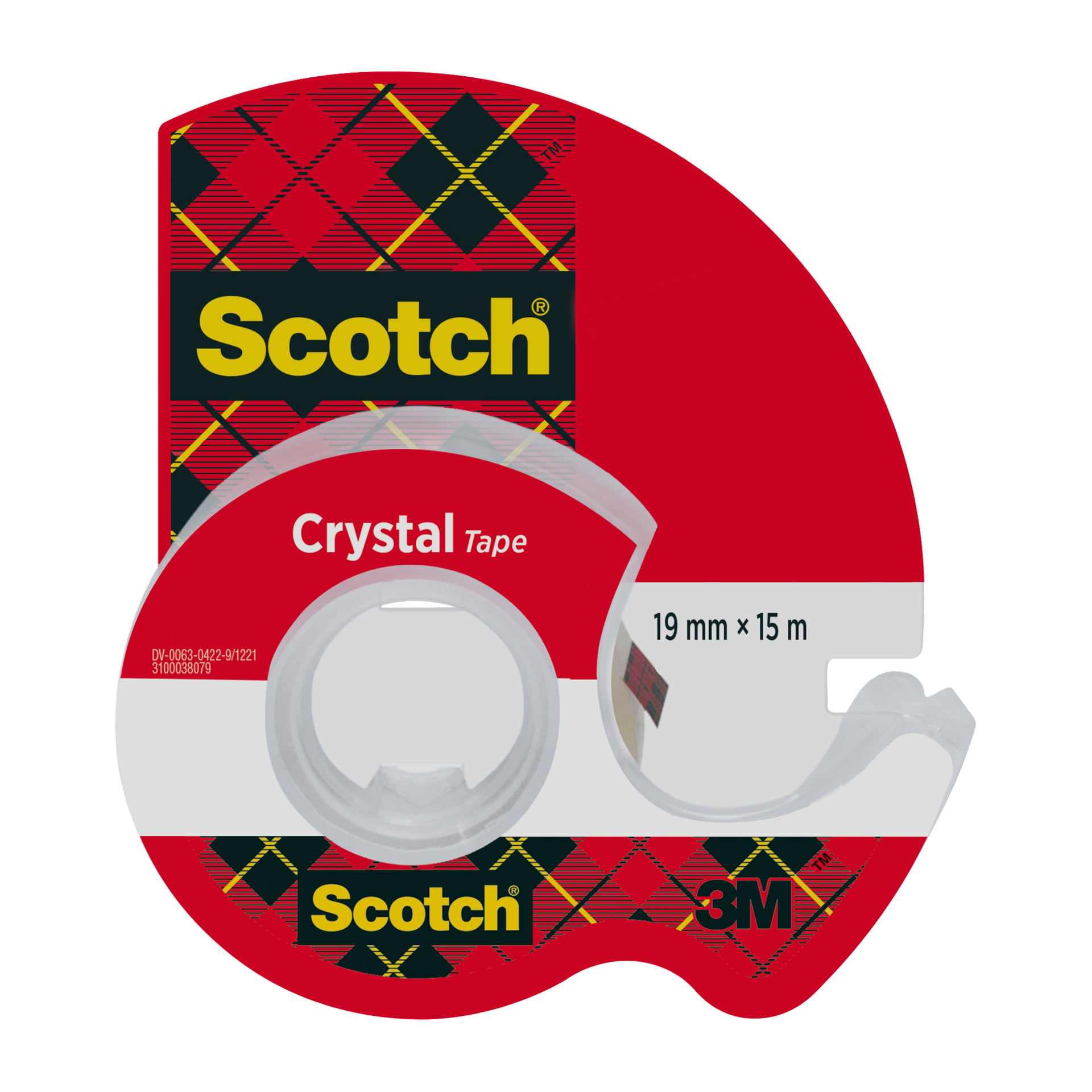 Scotch Crystal Tape-rull i en röd dispenser, med produktnamn, storlek, 3M-logotyp och ett rött-gult-svart rutigt mönster på etiketten.