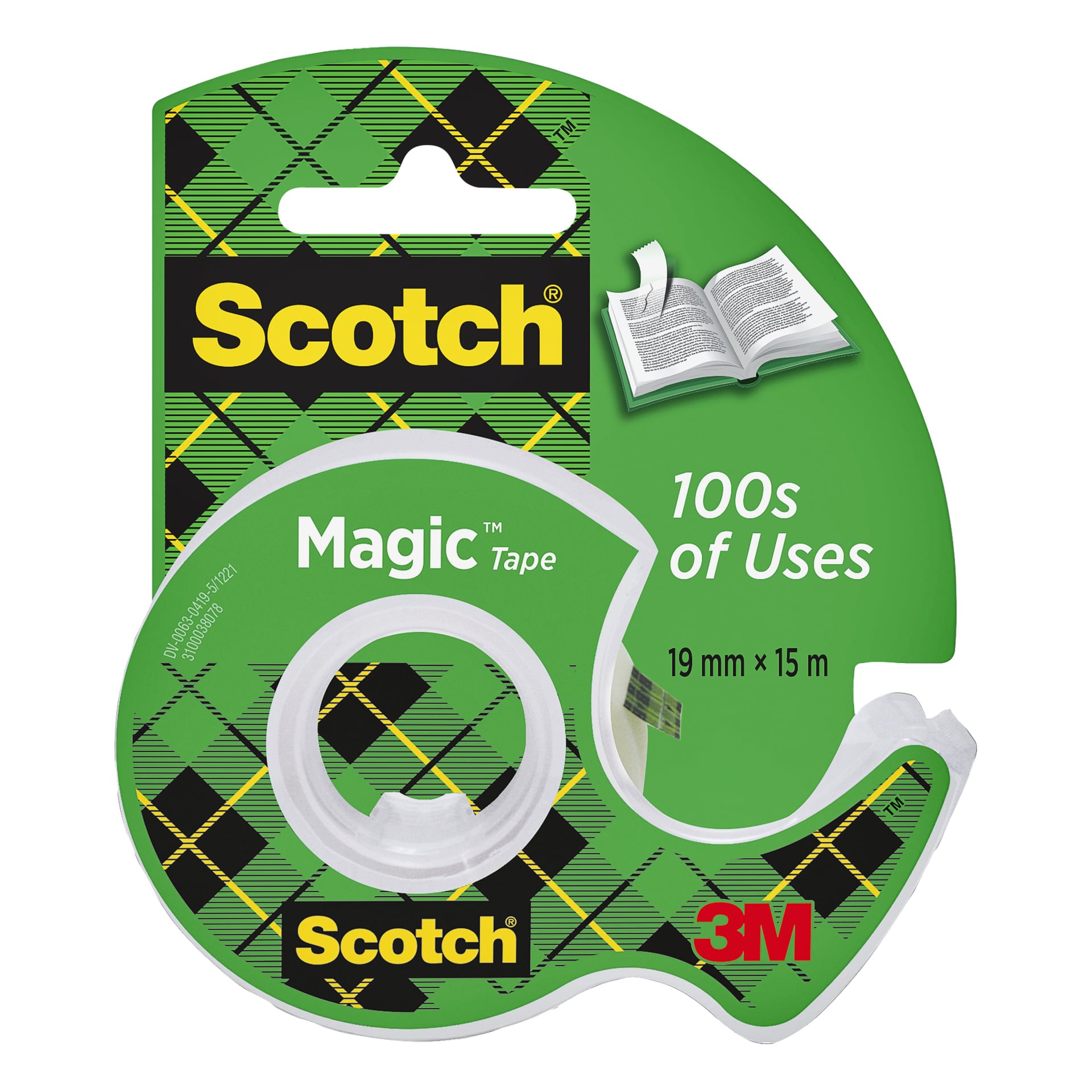 Scotch Magic Tape-dispenser i grön rutig låda märkt "100-tals användningsområden", storlek 19 mm x 15 m. 3M-logotyp längst ner till höger, öppen bok nära toppen.