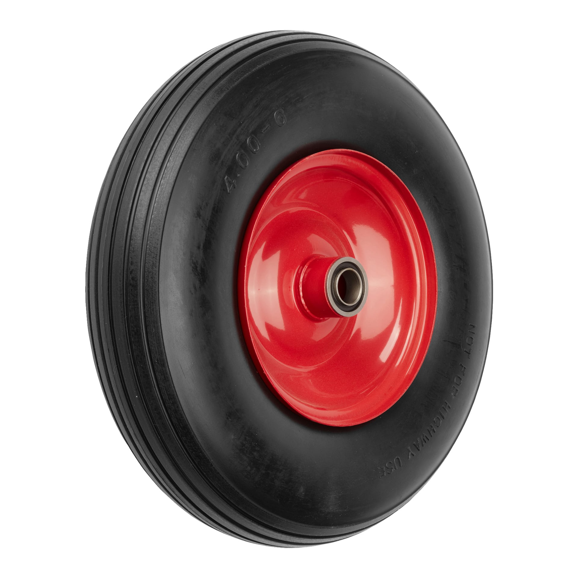 Ett Hamron-gummihjul som är punkteringssäkert med ett svart däck med en enkel mönsterdesign och detaljerade sidoväggsmarkeringar. Det röda metallnavet i mitten har ett hål för montering.