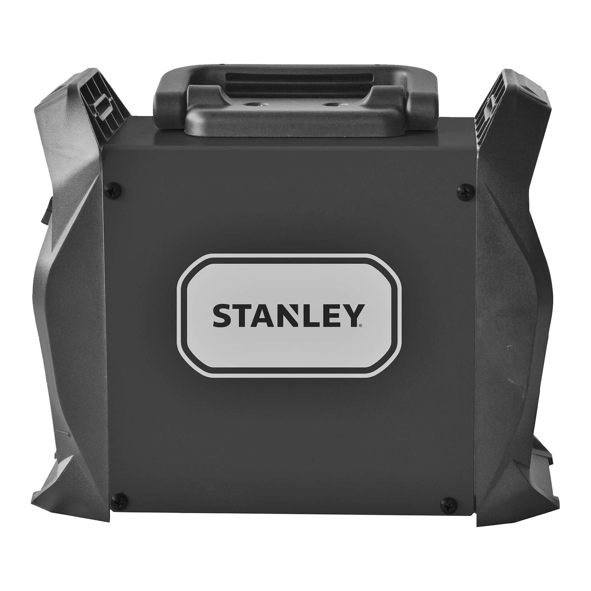 Musta ja harmaa kannettava Stanley-laite, jossa on yläkahva ja Stanley-logo etupaneelin keskellä.
