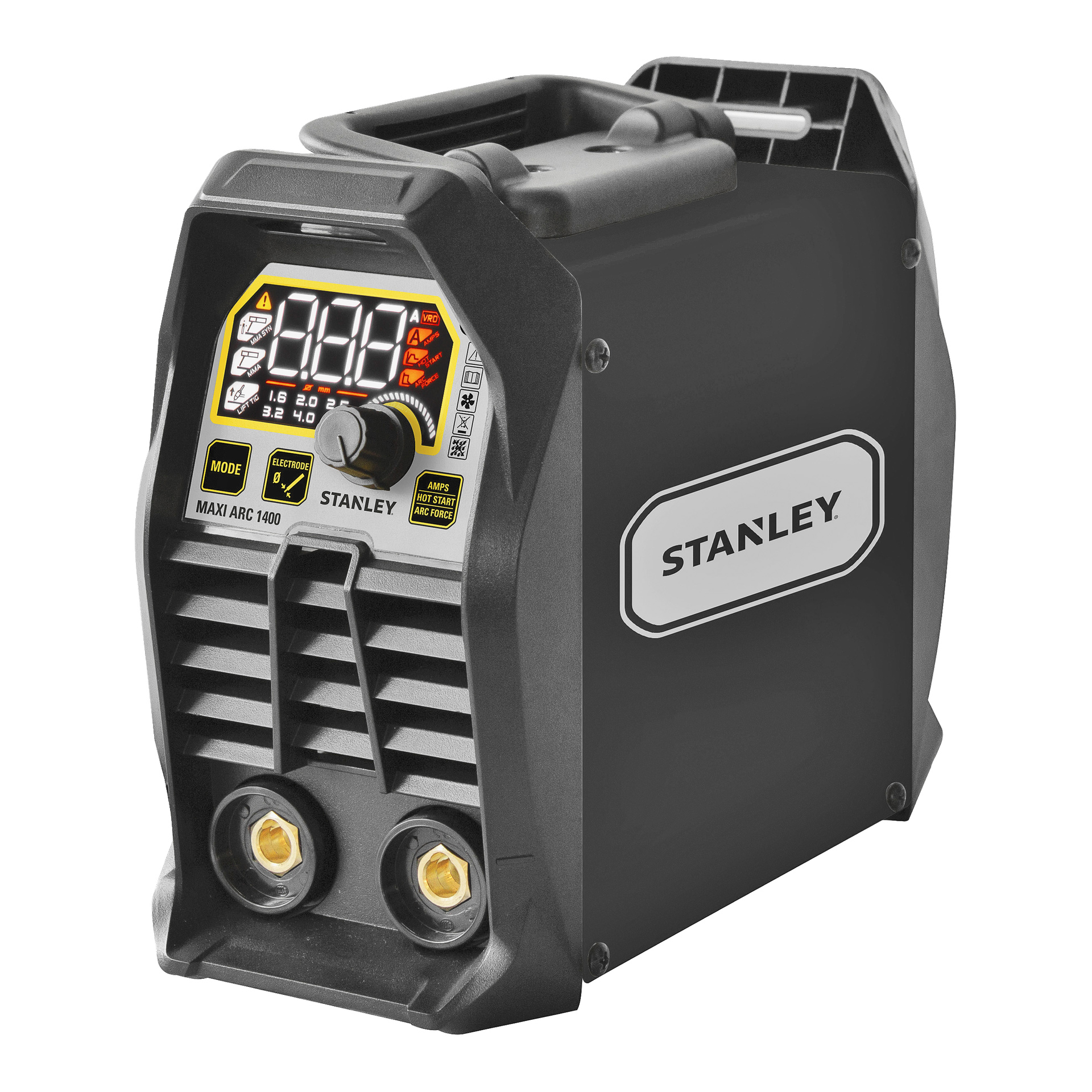 Musta Stanley MAXI ARC 1400 -hitsauslaite, jossa on digitaalinen näyttö, ohjauspainikkeet, kaksoisliittimet ja logo sivulla.