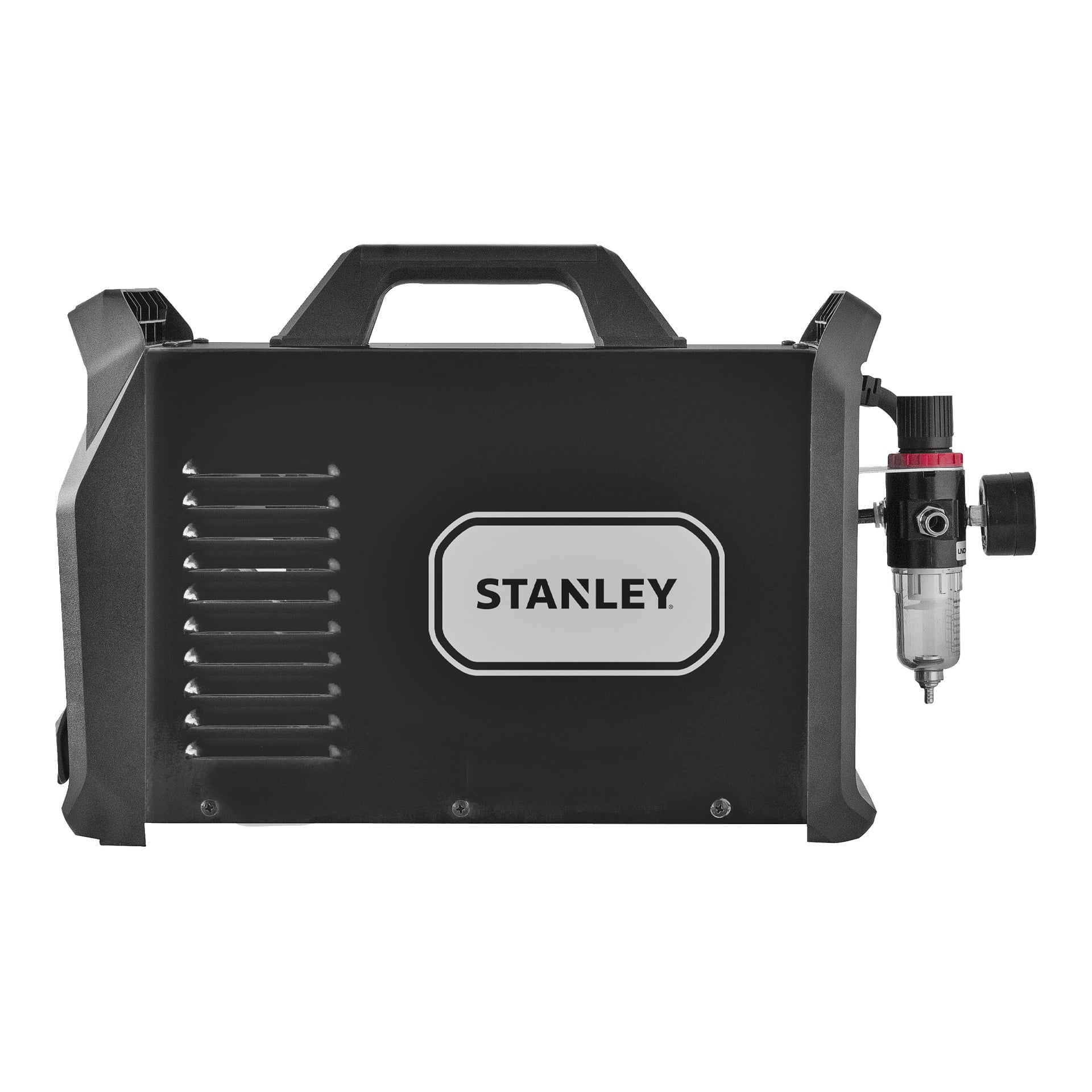 Musta Stanley-ilmakompressori, jossa on keskikahva, sivutuuletusaukot, oikeanpuoleinen paineensäädin ja mittari sekä Stanley-logo.