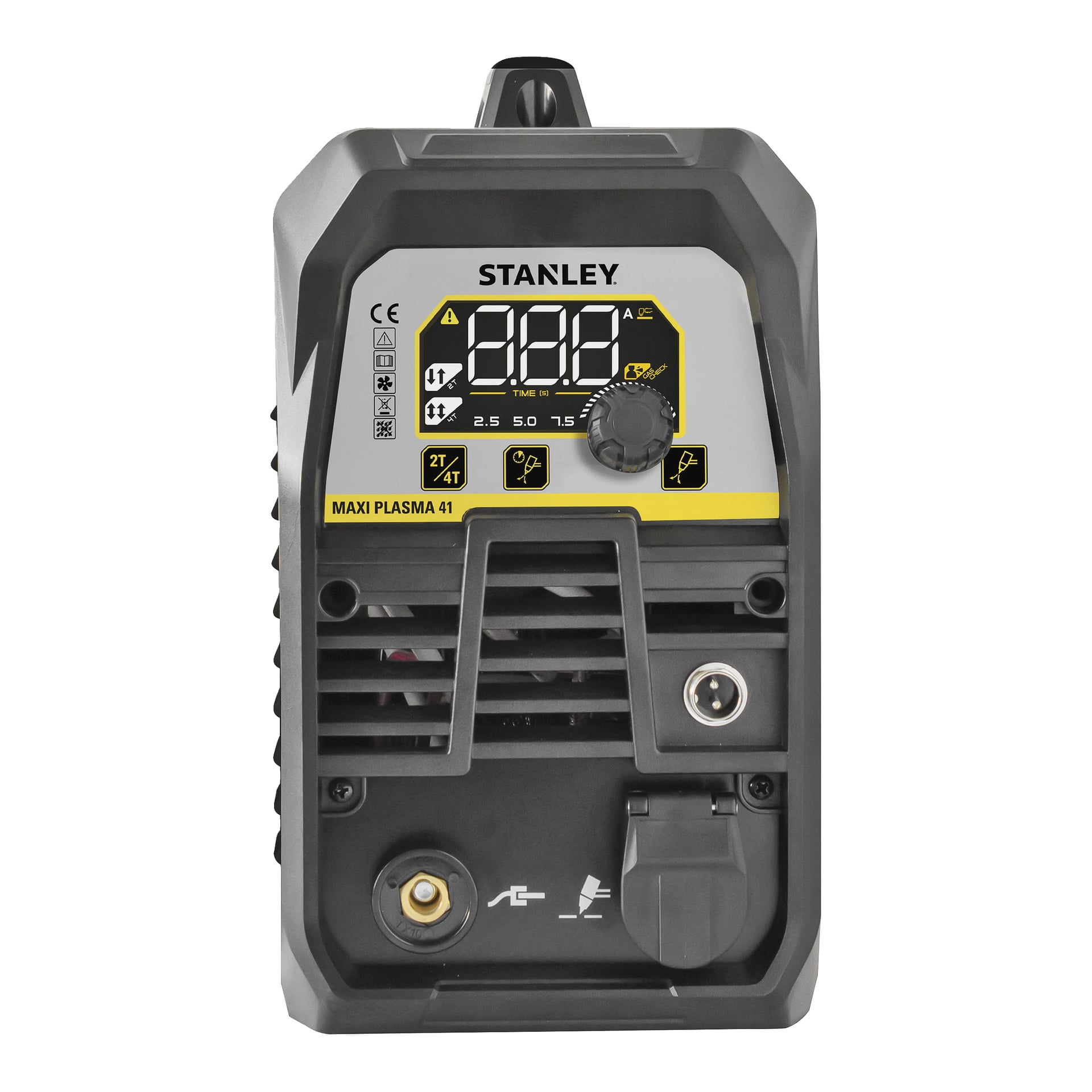 Stanley MAXI PLASMA 41 -plasmaleikkuri edestä, jossa on digitaalinen näyttö, nuppi, portit ja symbolit musta-keltaisella pinnalla.