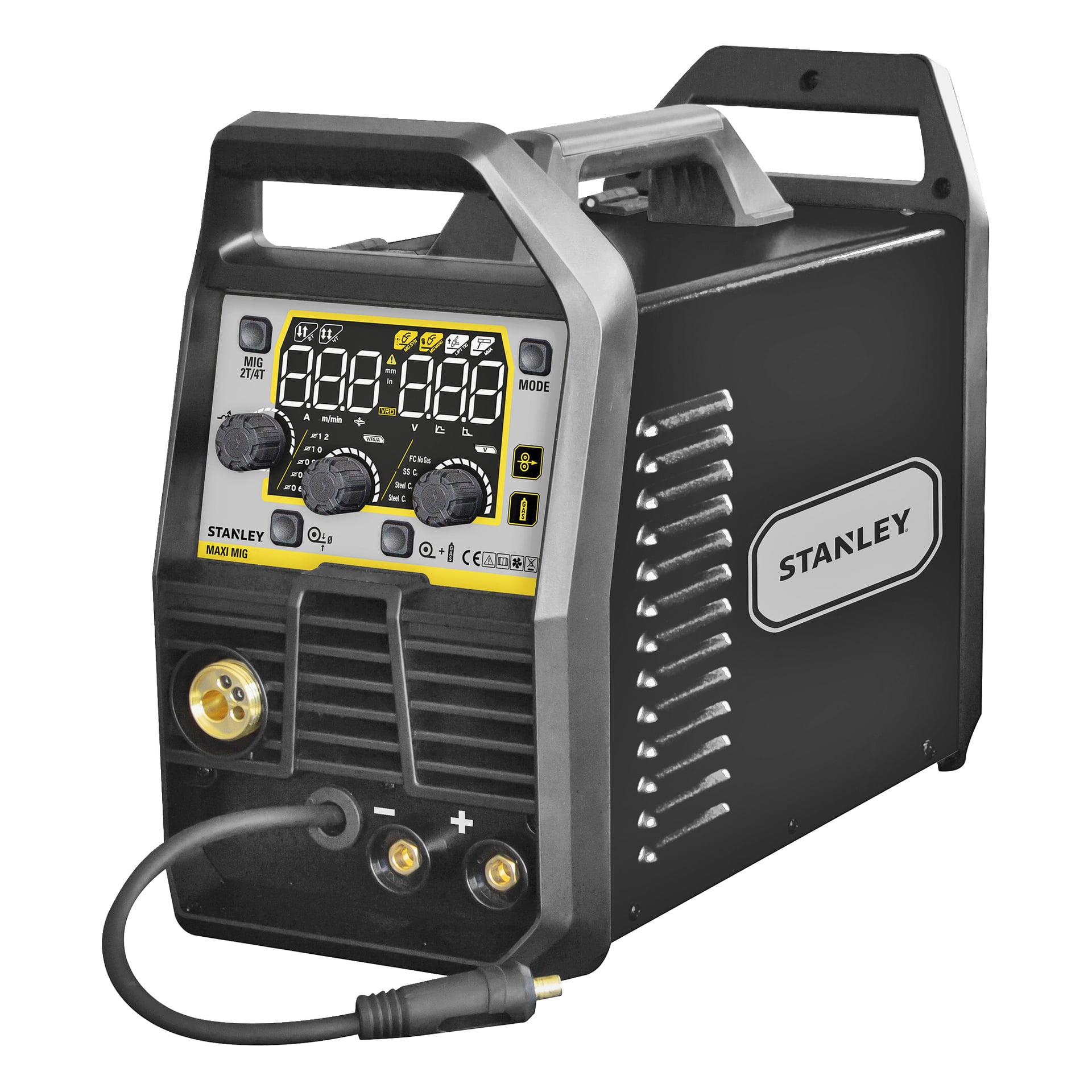 En svart Stanley-svetsmaskin med en digital skärm, flera knoppar, knappar, främre portar och ett bärhandtag upptill.