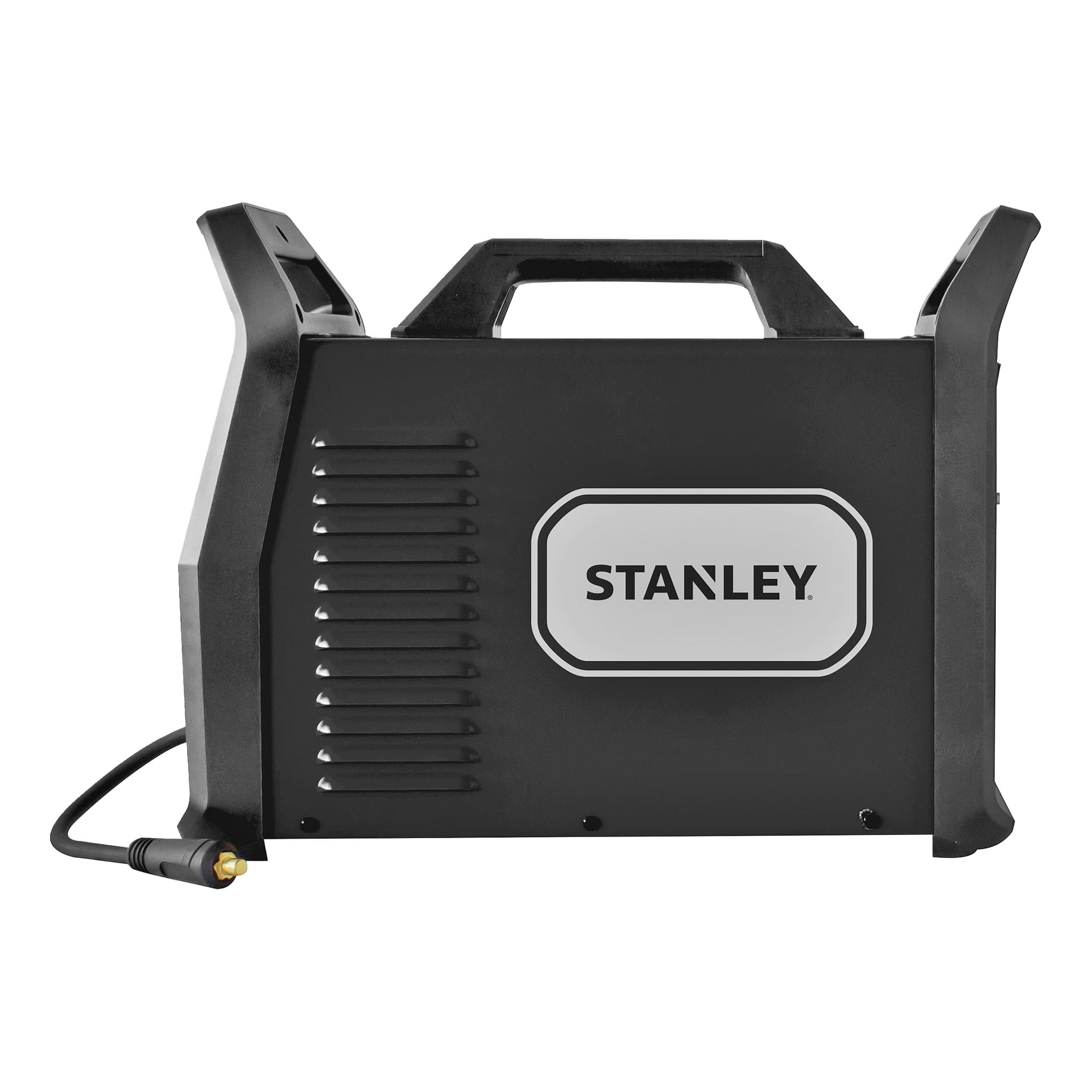 En svart Stanley-enhet med ett handtag på ovansidan och en tjock strömkabel som kommer ut från det nedre vänstra hörnet.
