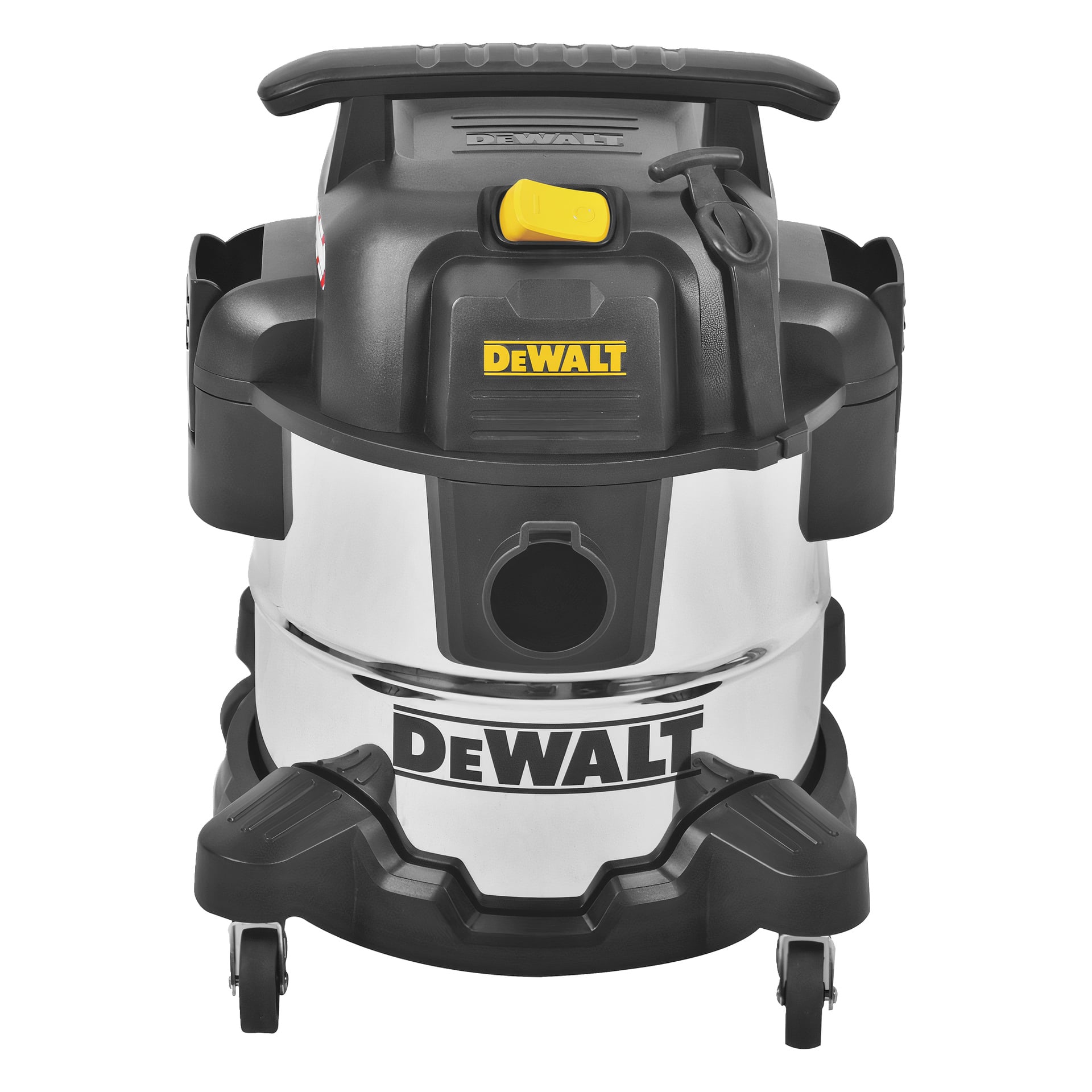 En DEWALT våt-/torrdammsugare med en kropp i rostfritt stål, svart och gul klädsel, främre slangport, toppkontroller och fyra hjul.