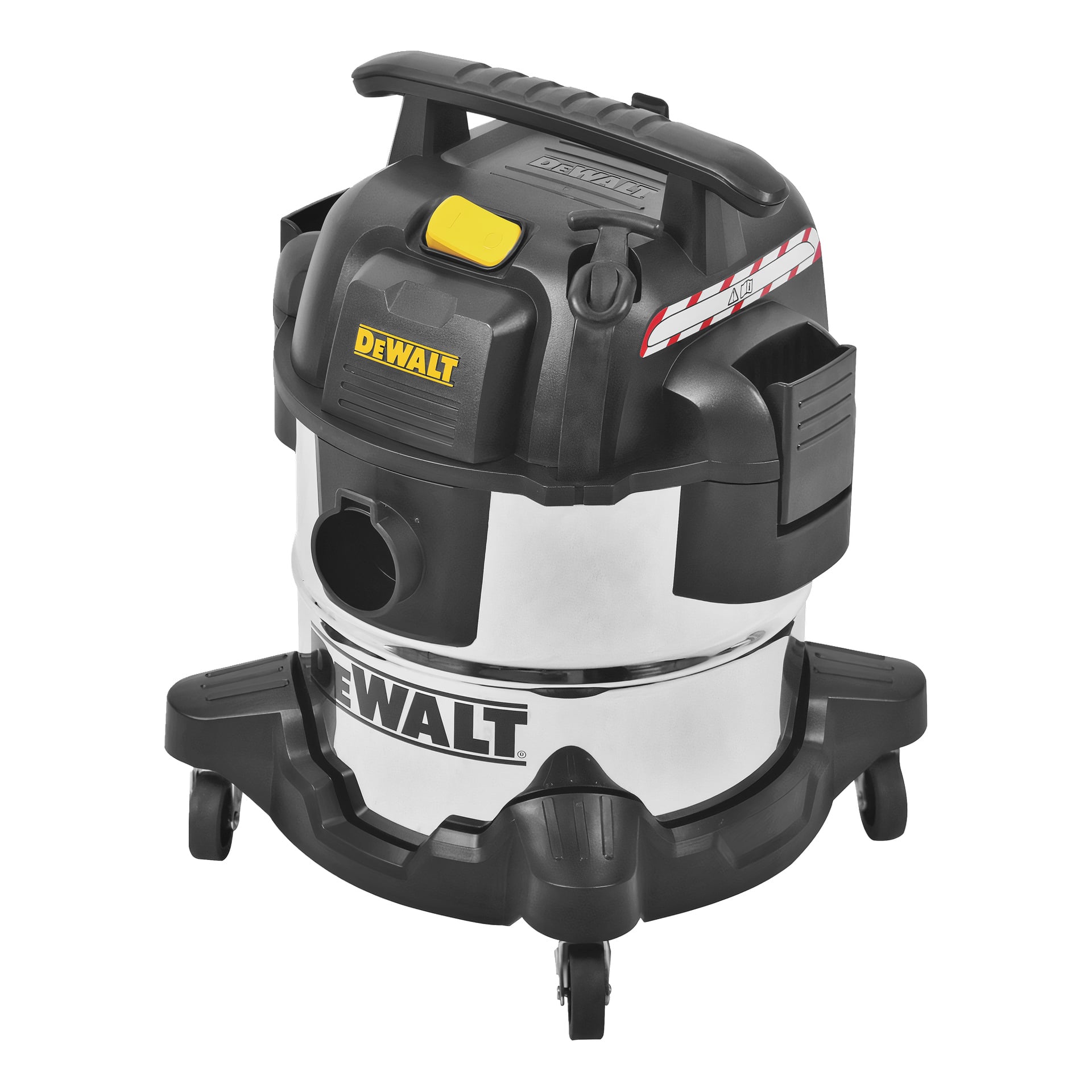 En DeWalt våt-/torrdammsugare med en kropp i rostfritt stål, svarta accenter, topphandtag, länkhjul och en framträdande på/av-knapp.