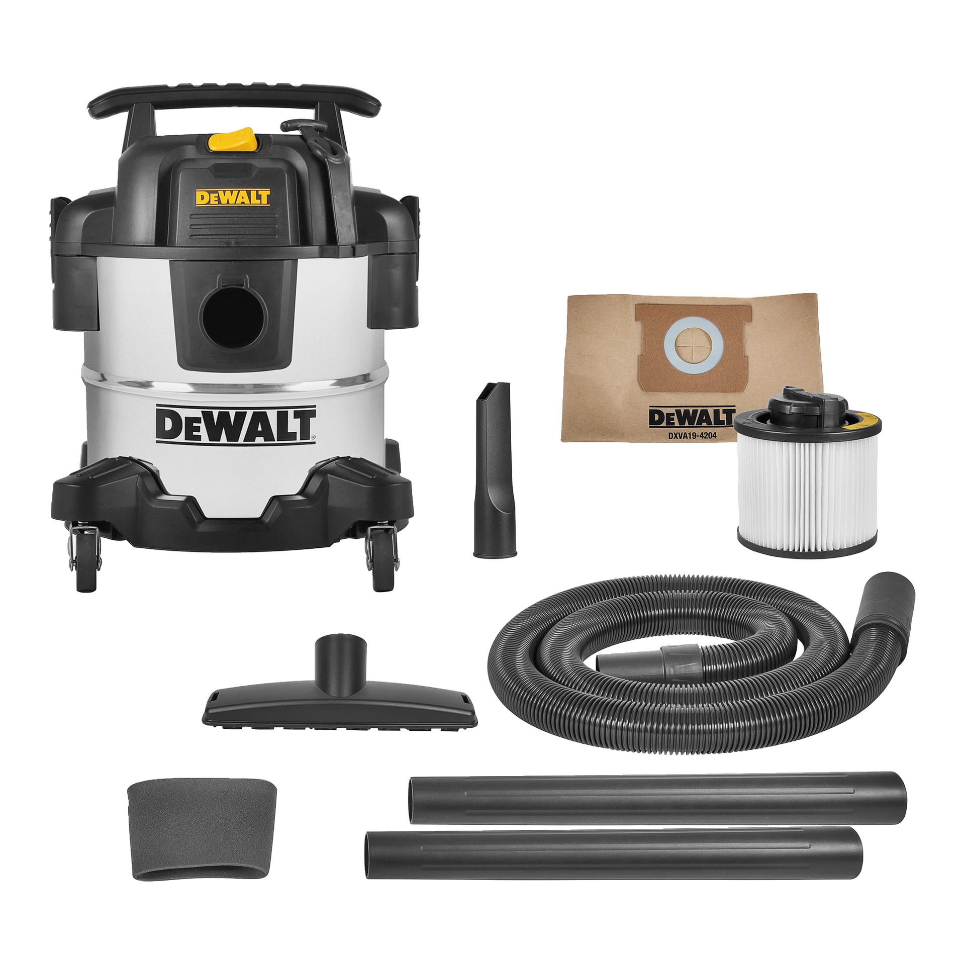 DeWalt våt-/torrdammsugare med tank i rostfritt stål och tillbehör: slang, två stavar, filter, skumhylsa, munstycke, spaltverktyg, dammpåse.