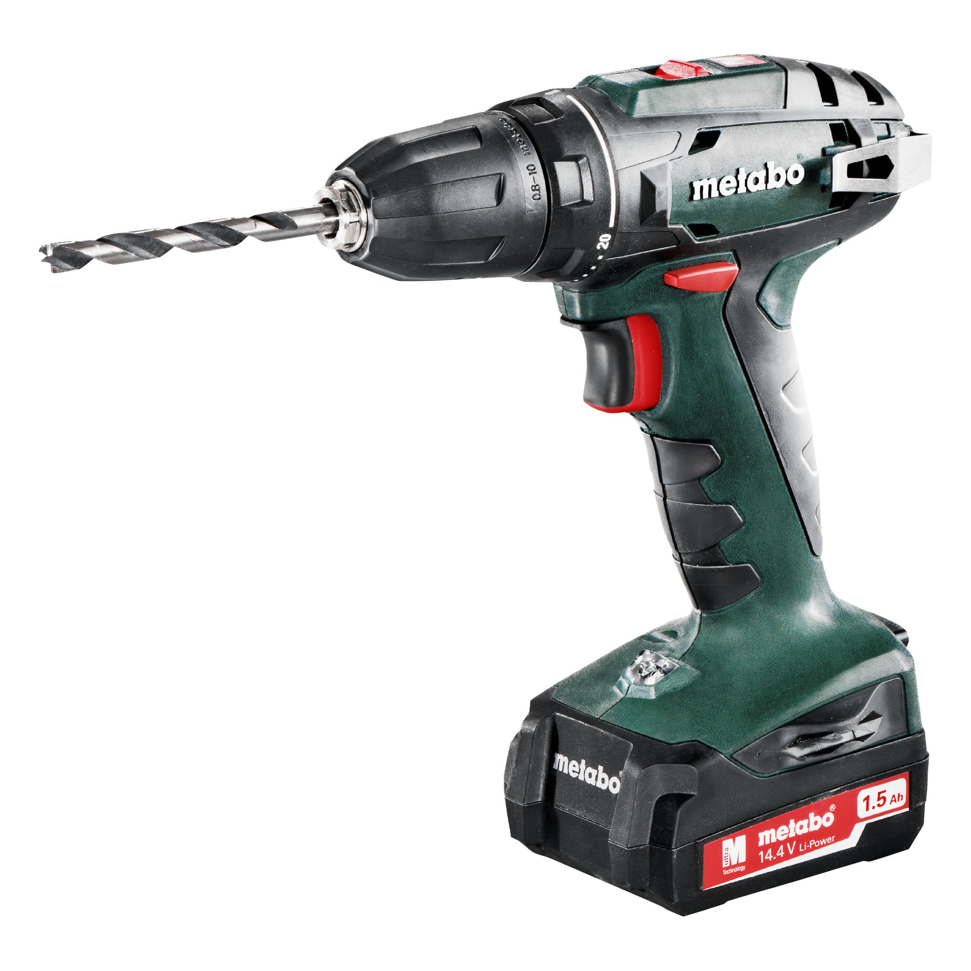 En batteridriven Metabo-borrmaskin i svart och grönt, utrustad med en borr och ett 1,5 Ah-batteri. "Metabo"-märke på sidan.
