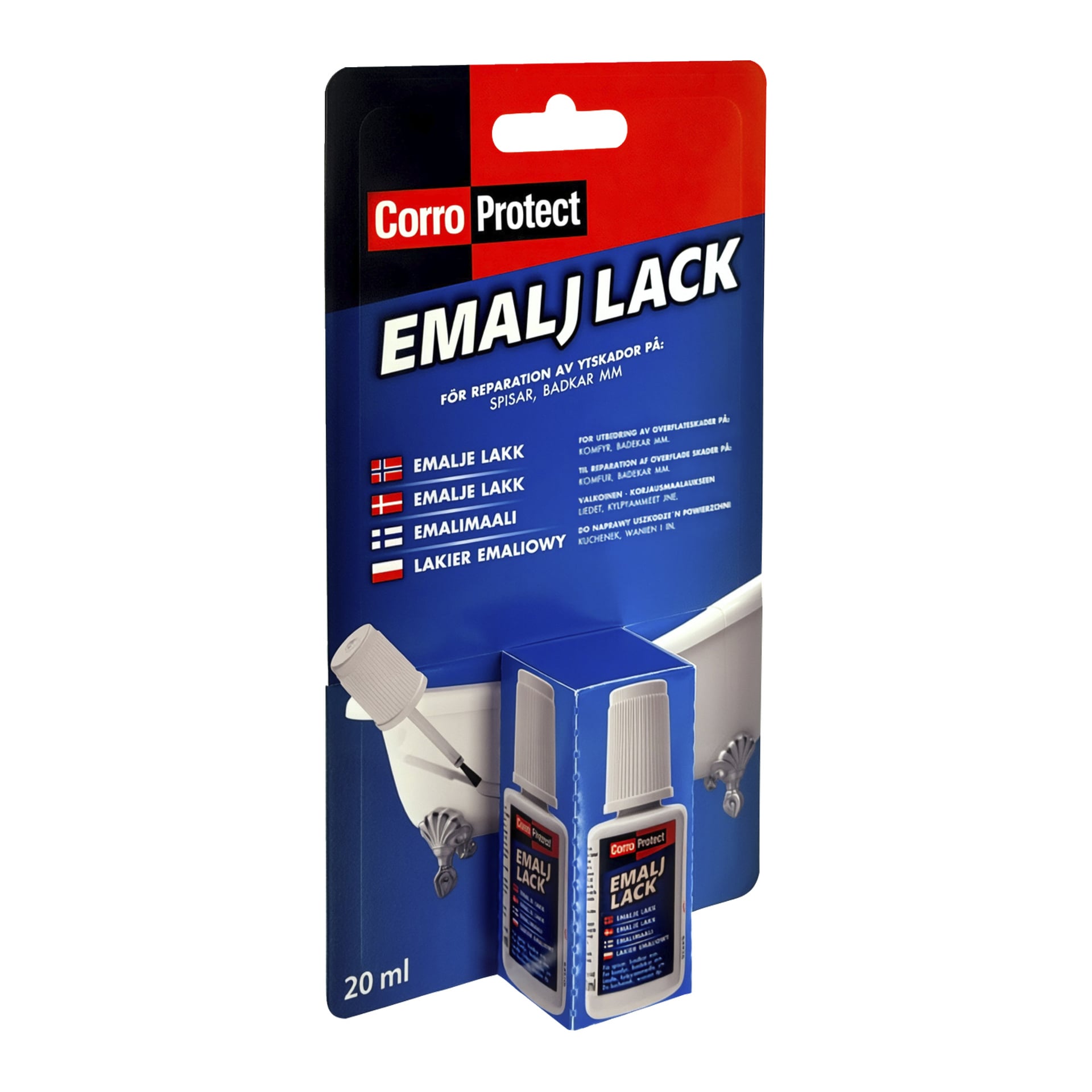 Ett 20 ml Corro Protect emaljreparationskit i blå förpackning med en liten flaska och borste för att fixera emaljytor som badkar eller spisar.