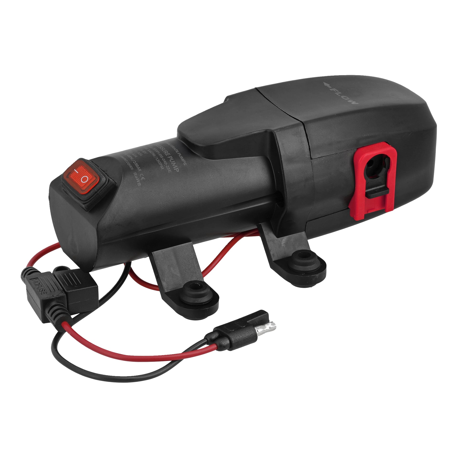 Svart elcykelbatteripack med en röd strömbrytare, monteringsfästen samt röda och svarta kablar med kontakt.