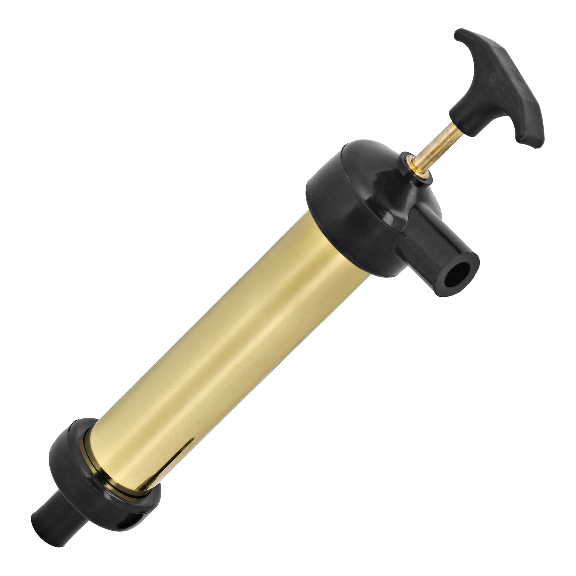 En kompakt luftpump i mässing och svart med T-handtag och munstycke, placerad i vinkel.
