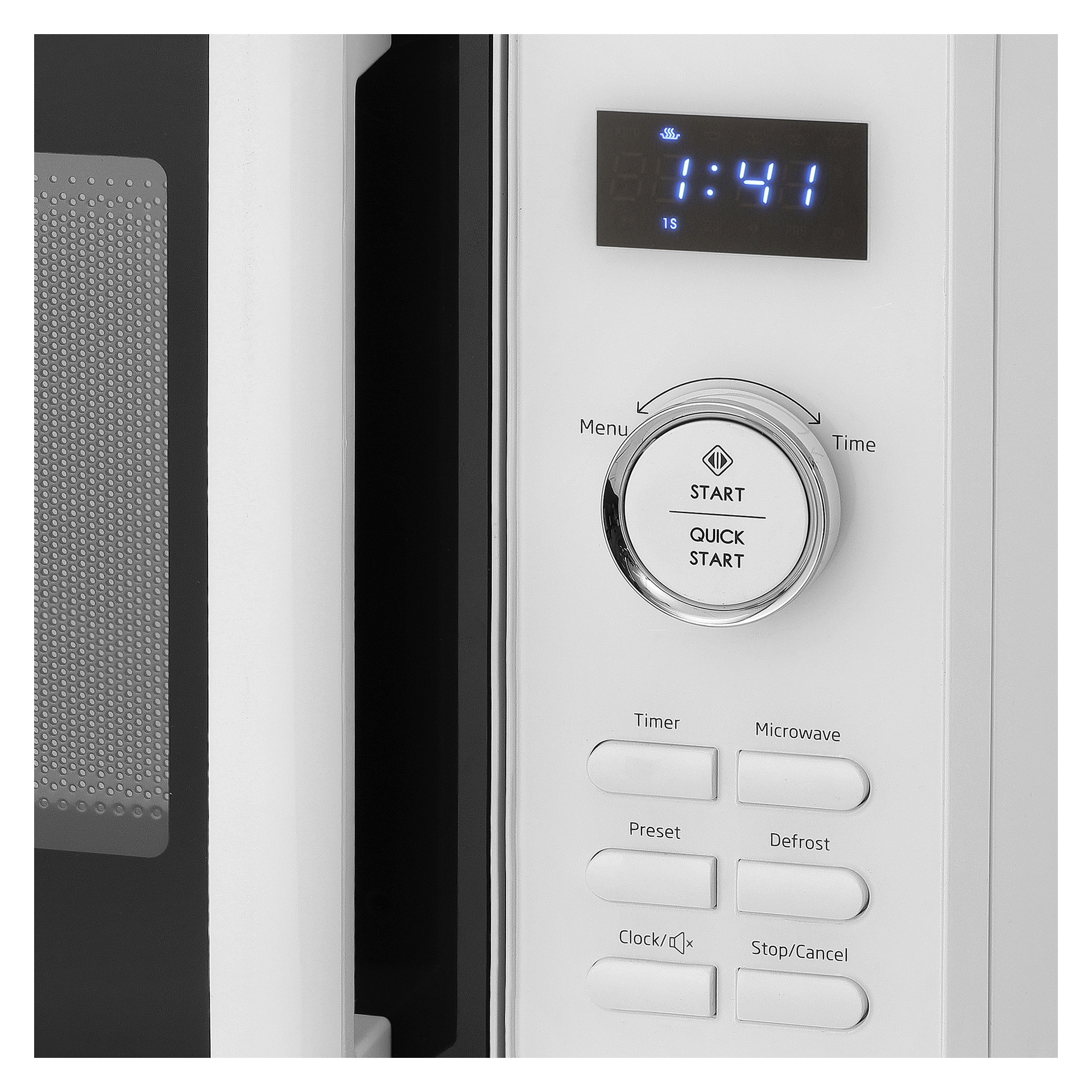 Nahaufnahme des Mikrowellenbedienfelds mit Digitaluhr bei 11:41, einer runden Starttaste und Tasten für Timer, Voreinstellung, Auftauen, Uhr, Stopp.