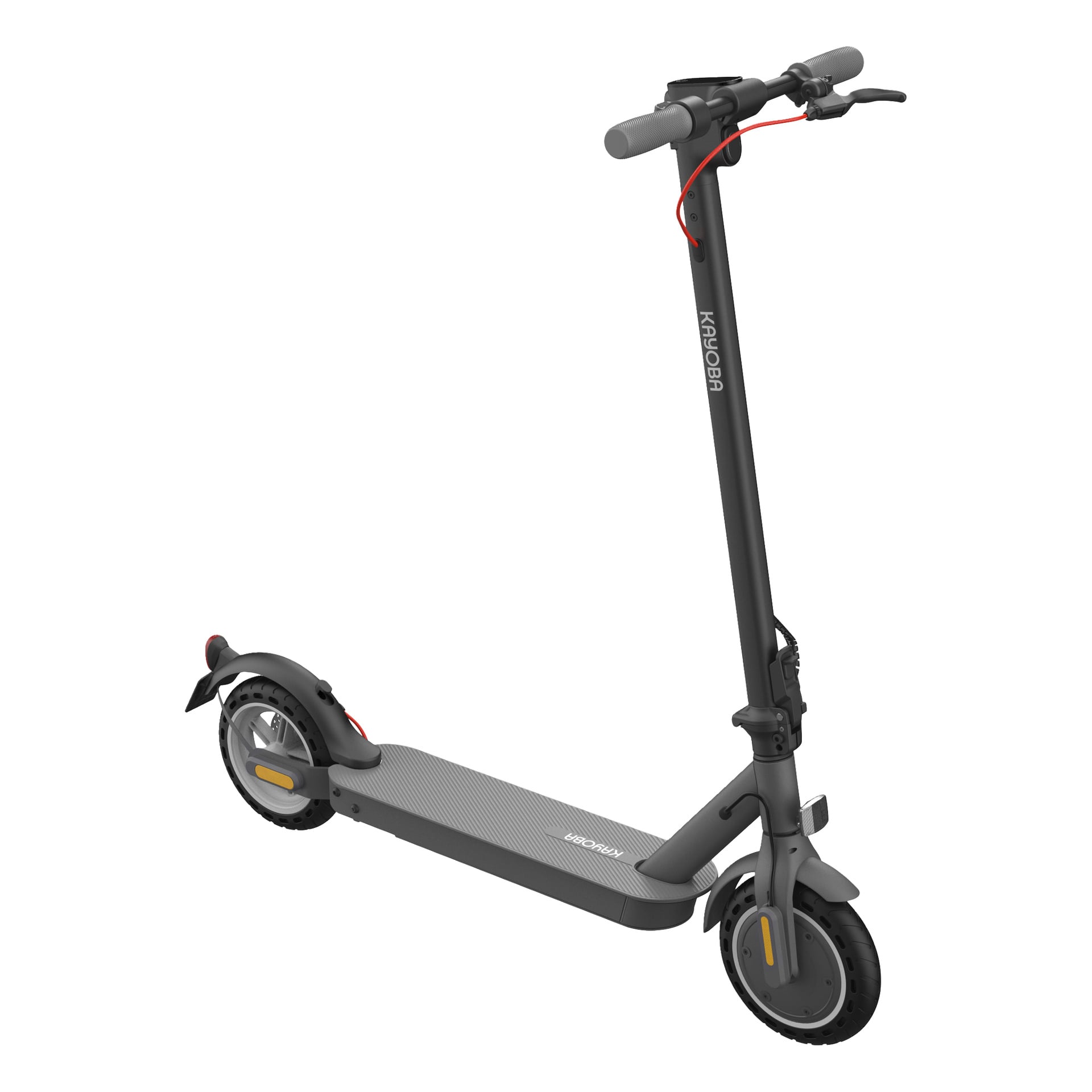 Svart elscooter med grå bakdäck, röd bromsvajer, gula hjulreflektorer, digital display och Kugoo-märkning på styret.