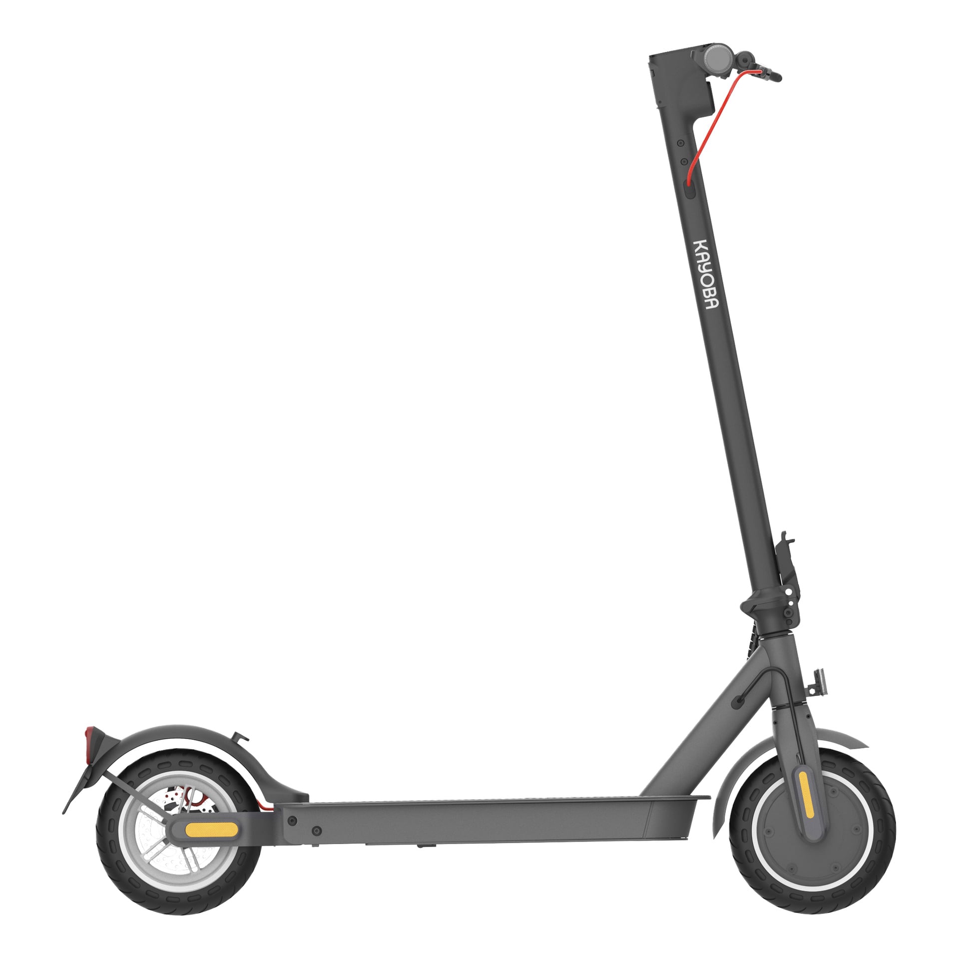 En svart elscooter med bakskärm, stöd, upprättstående styr med röd bromsspak och "KAQUBA" på styret.