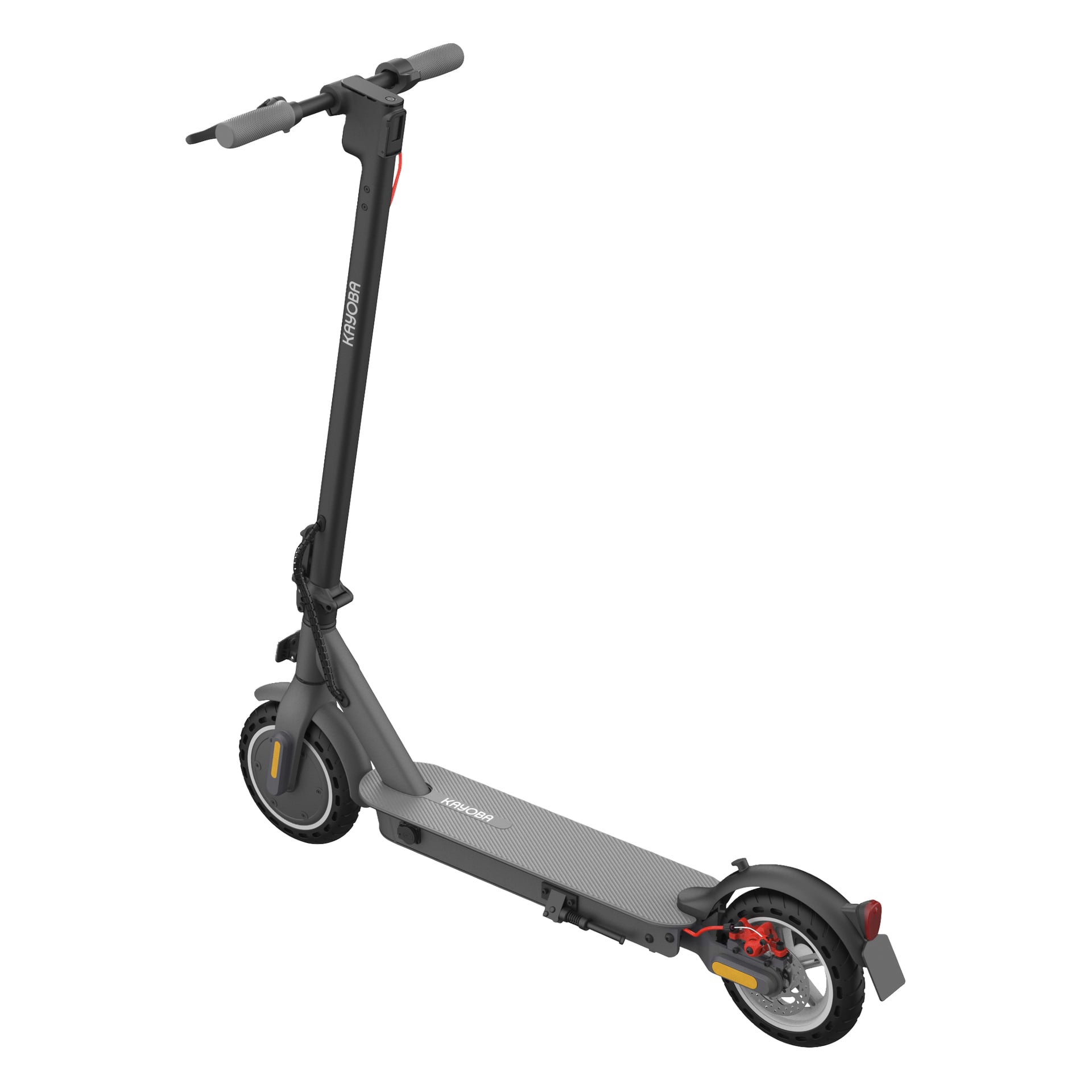 En grå elscooter med svart styre, en texturerad fotplattform och orange detaljer på bakhjulet och bromsenheten.