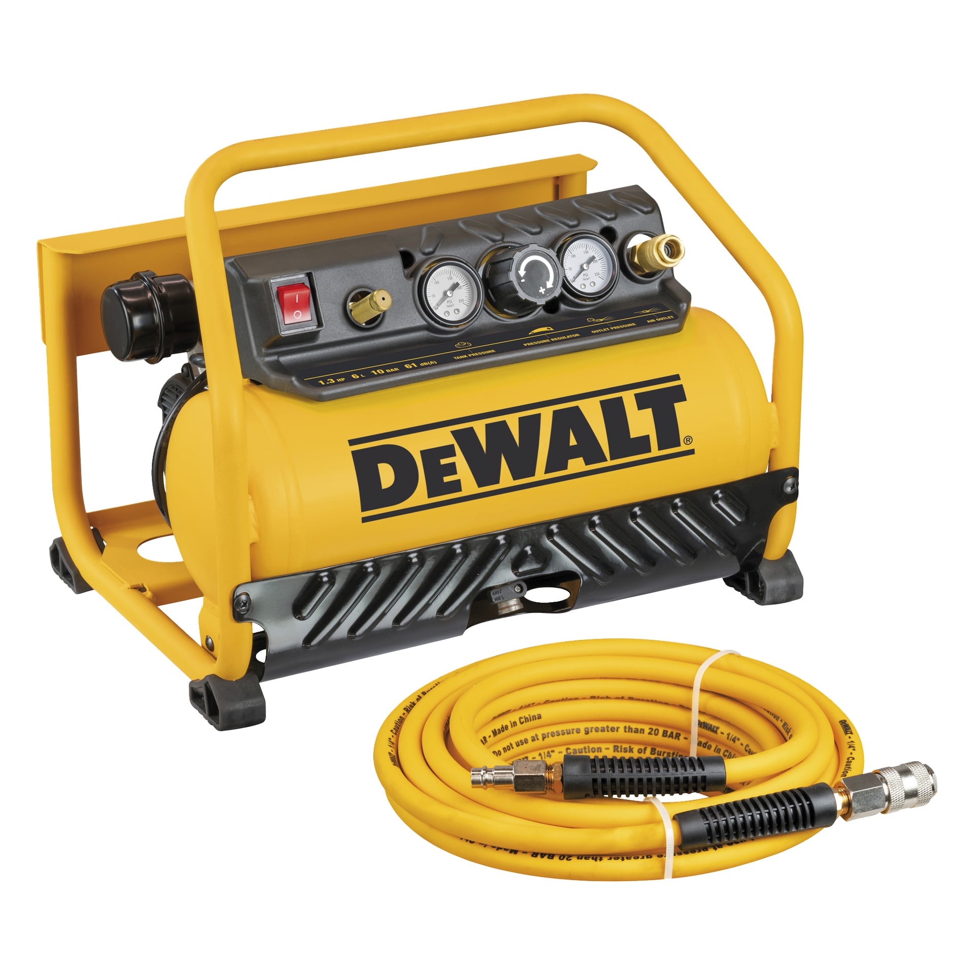 Gul DEWALT bärbar luftkompressor med mätare, kontrollvred, toppkontakter och en lindad gul luftslang med metallkopplingar.