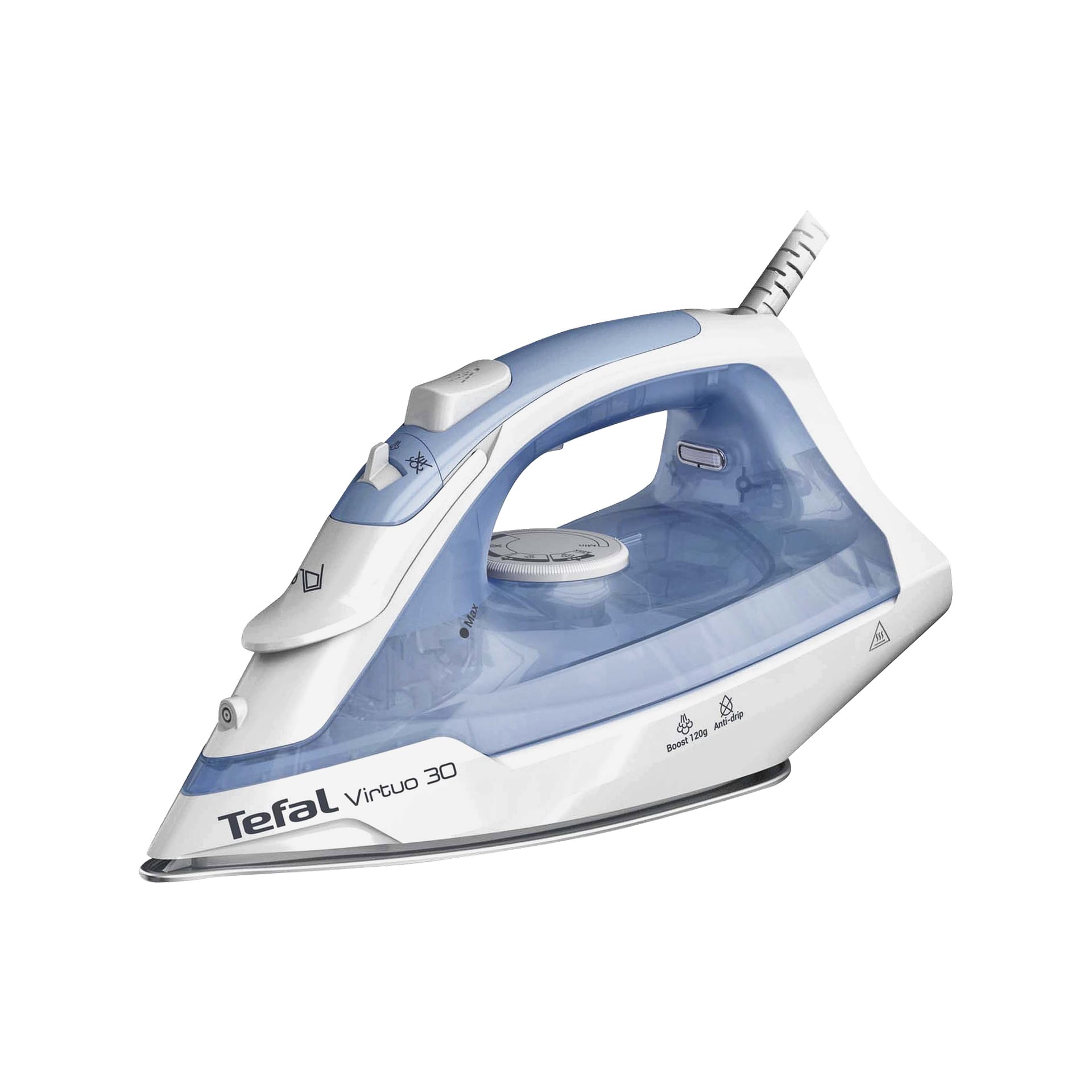 Ett vitt och blått Tefal Virtuo 3D-ångstrykjärn med en klarvattentank, kontrollknappar, en inställningsratt och en bakre sladd.