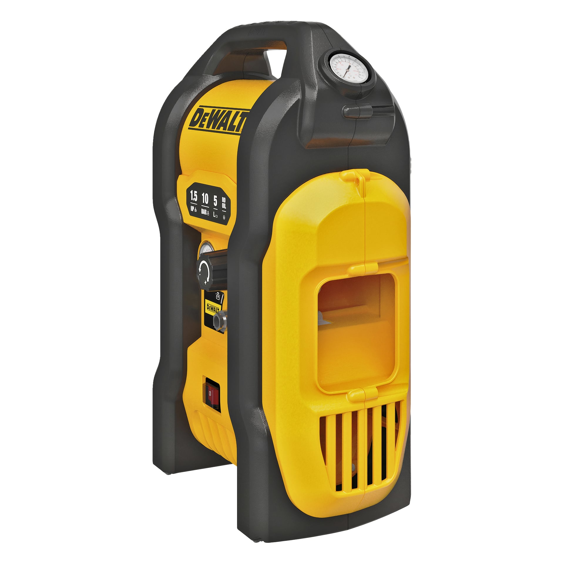 Gul och svart DEWALT bärbar luftkompressor med en främre tryckmätare, kontrollratt, strömbrytare och övre bärhandtag.