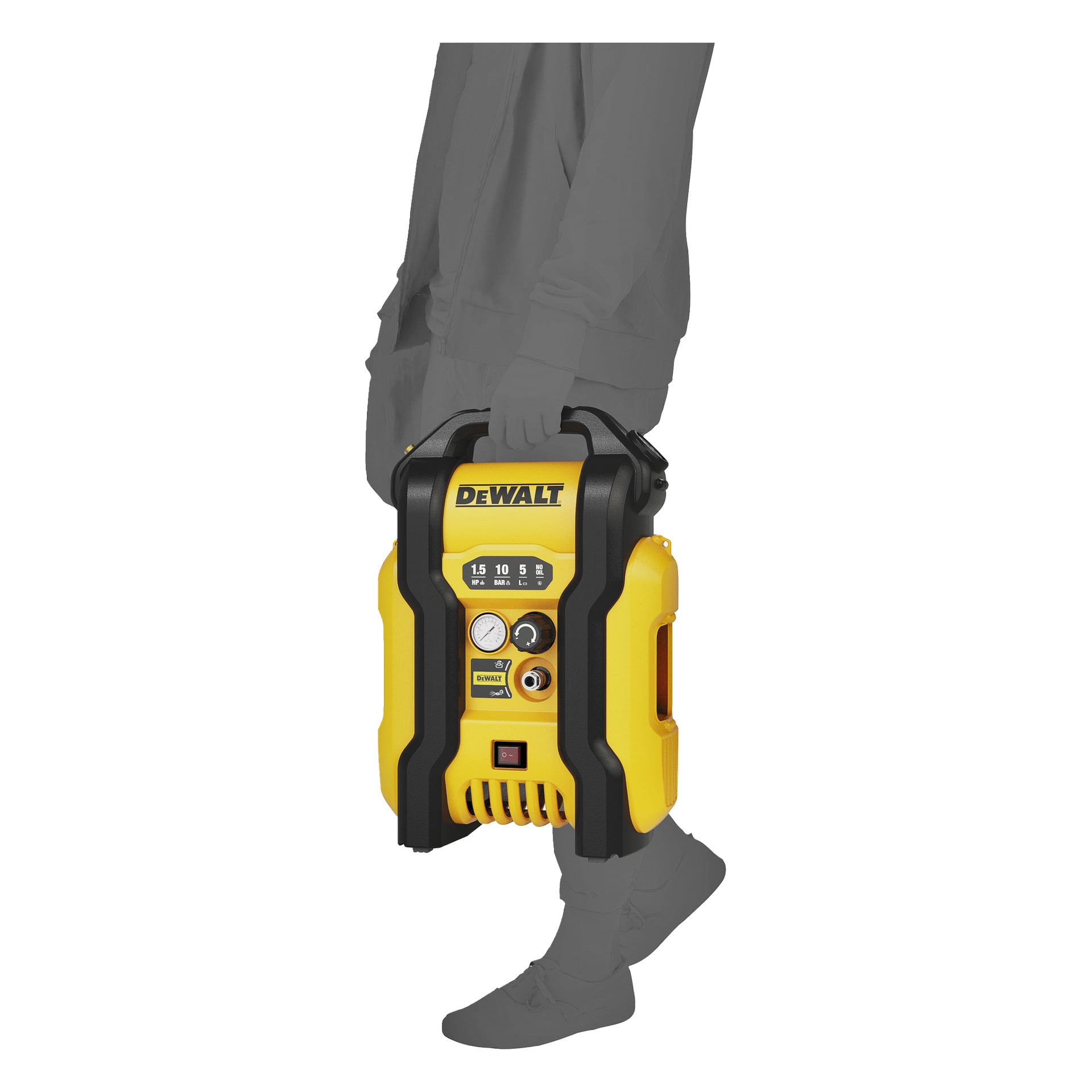 En gråskaleperson håller en gul och svart DEWALT bärbar luftkompressor med handtag, mätare och kontrollpanel markerade.