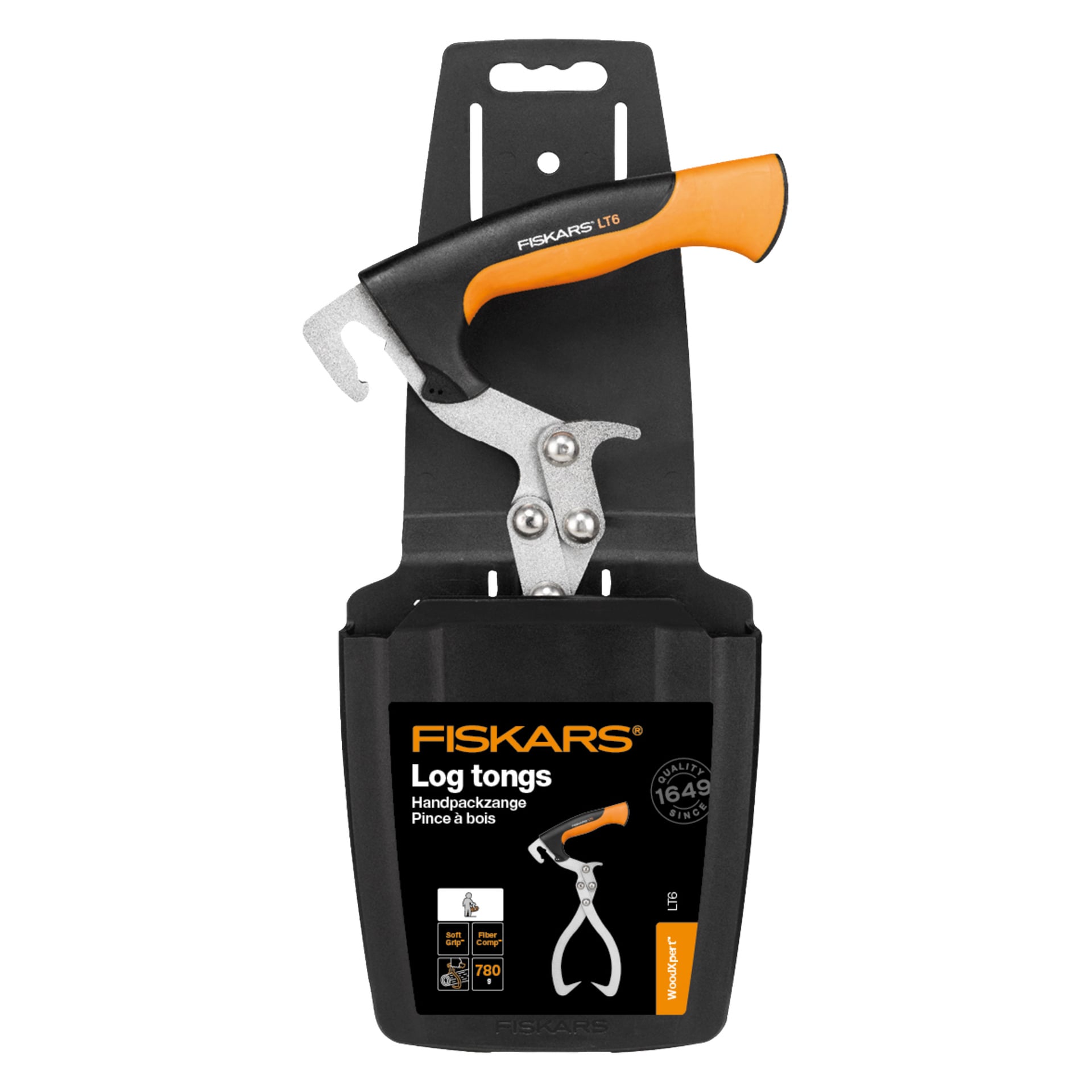 Fiskars stocktång med orange och svart handtag på svart förpackning, som visar logotyp, produktinformation och en illustration i användning.