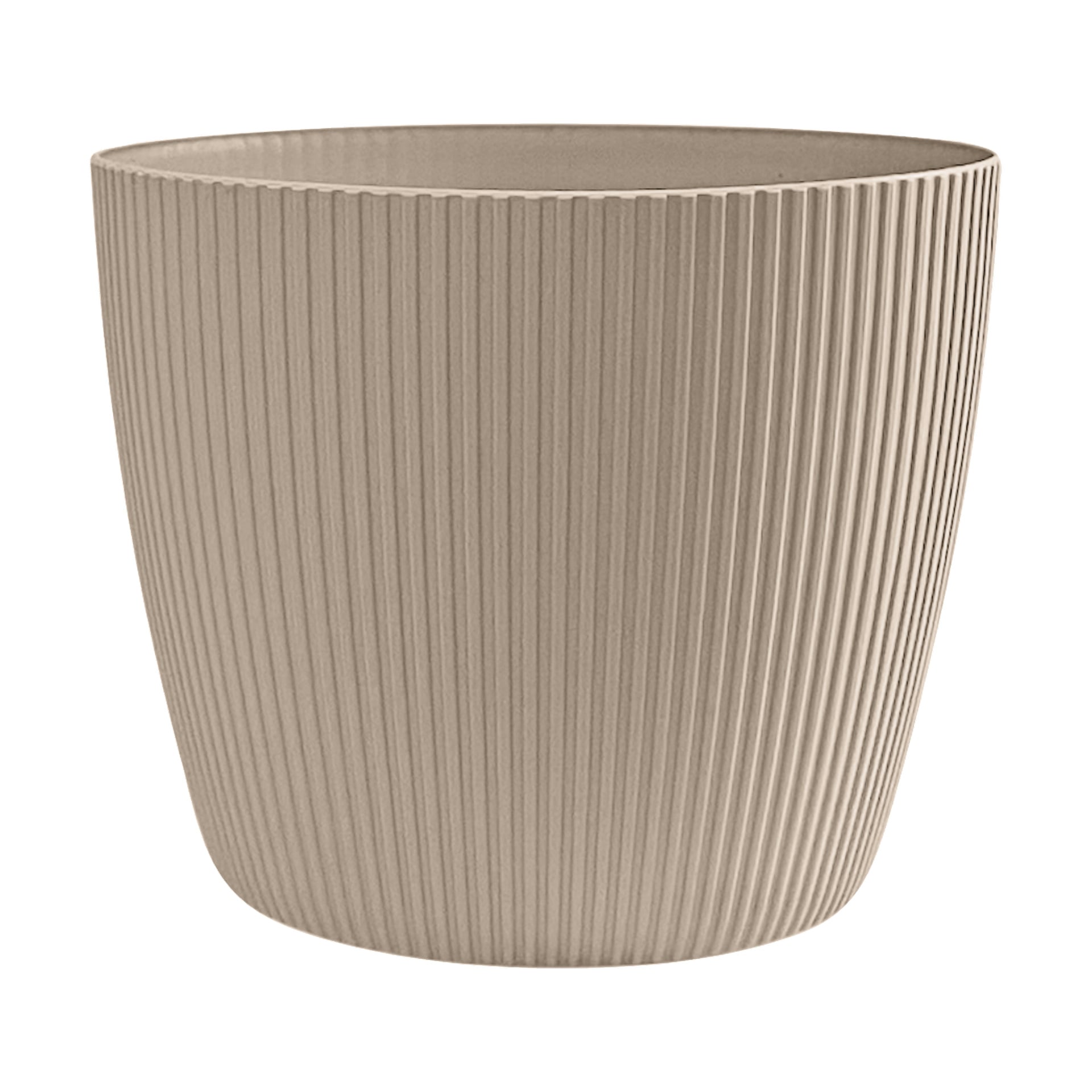 Beige, pyöreä kasviruukku, jossa on pystysuora uurreinen ulkokuori.