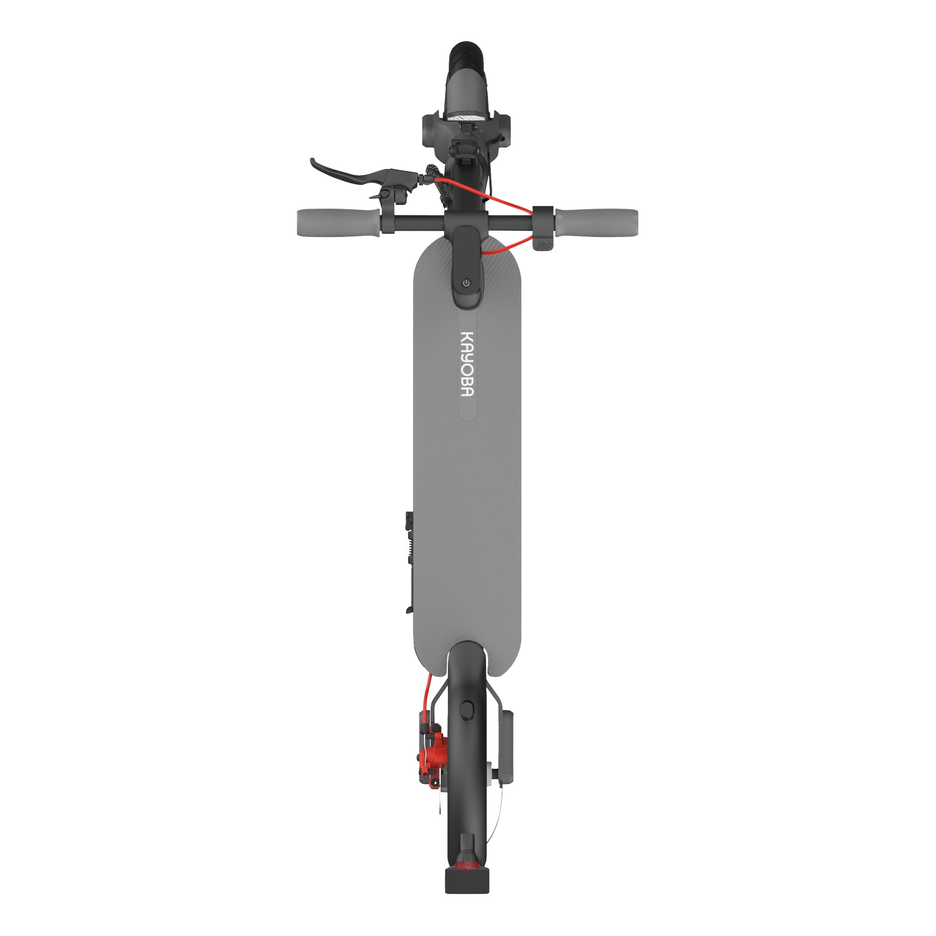 Top-down-bild av en grå elscooter med röda bromskablar, grå grepp och KUGOO tryckt längs däcket.