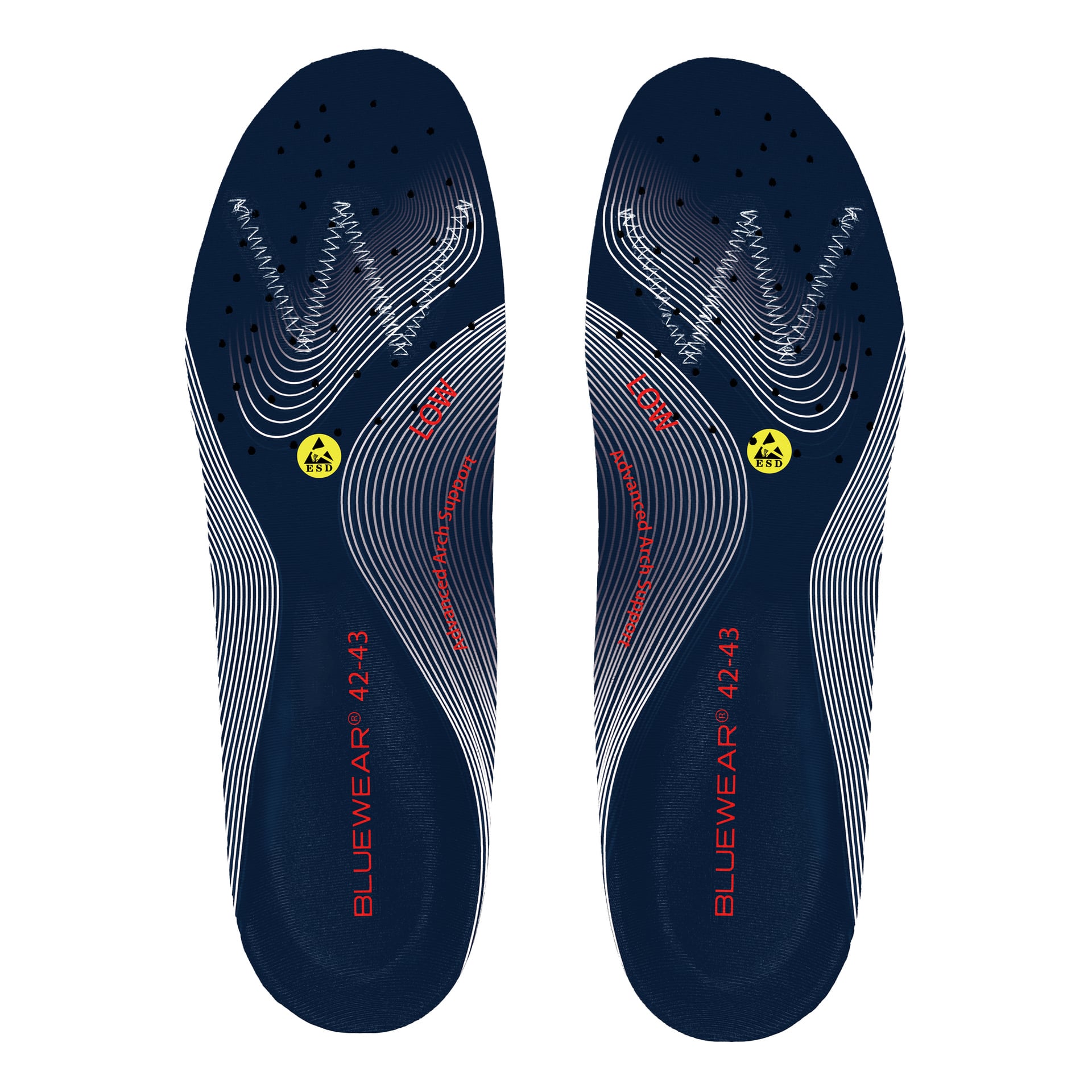 Para granatowych wkładek z białymi zakrzywionymi liniami, małymi otworami wentylacyjnymi, czerwonym tekstem "BLUEWEAR® 42-43" i żółtymi ikonami na obcasach.