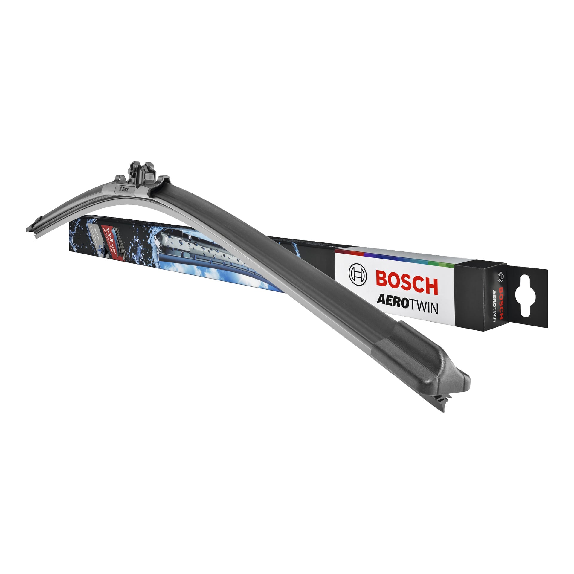 Ett svart, böjt Bosch Aerotwin vindrutetorkarblad visas framför dess märkesförpackning med ett foto av bladet i användning.