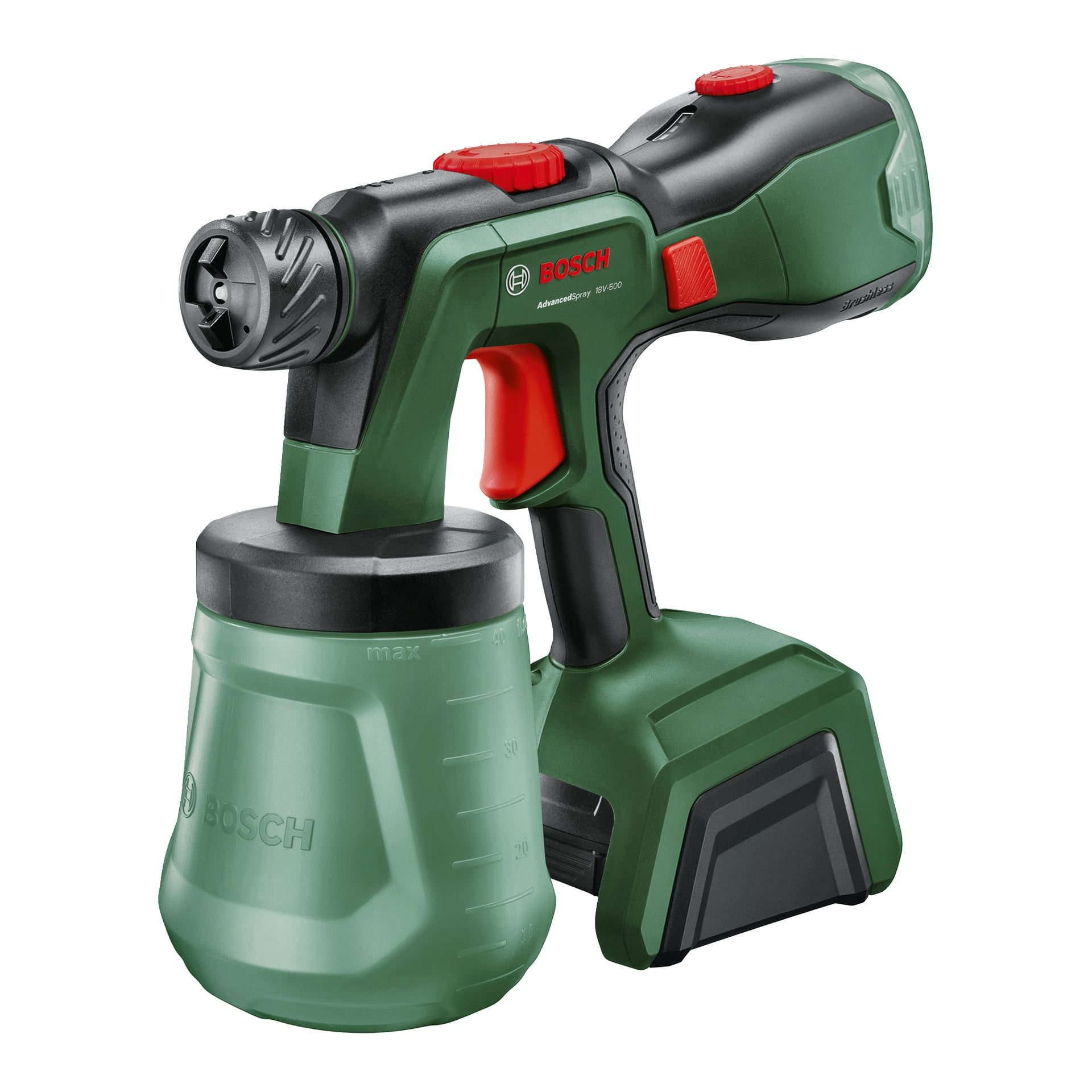 En grön och svart Bosch sprutpistol med en stor löstagbar behållare, ergonomiskt handtag, justerbart munstycke, mätmarkeringar och logotyper.