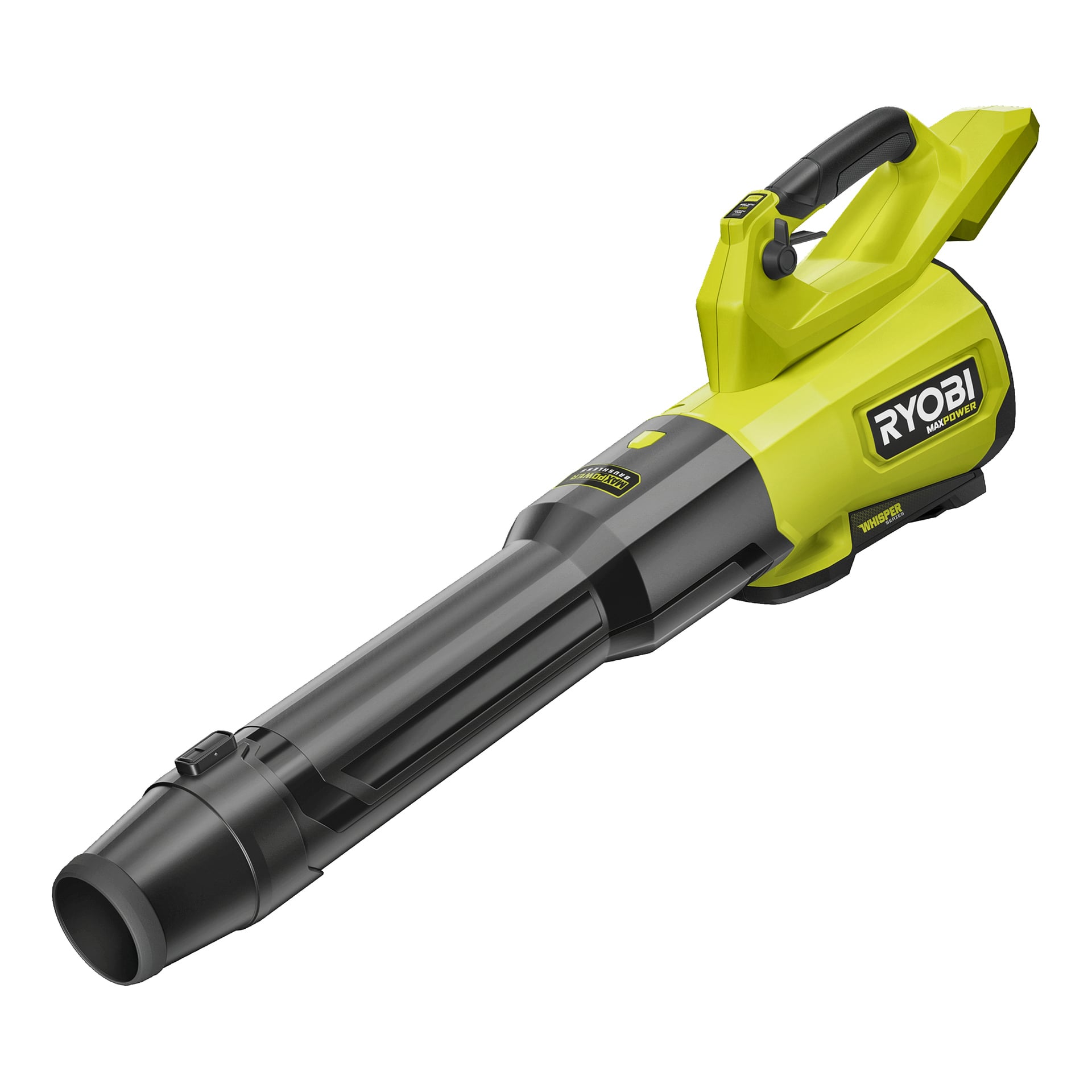 Gul och svart Ryobi sladdlös lövblås med ett långt cylindriskt munstycke, avtryckarhandtag och Ryobi-logotyp på sidan.
