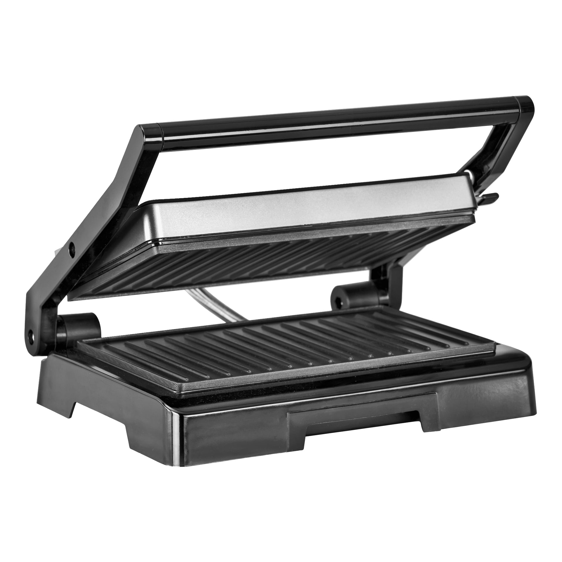 En elektrisk paninipress i svart och silver sitter öppen och avslöjar räfflade grillplattor som kantar både de övre och nedre ytorna.