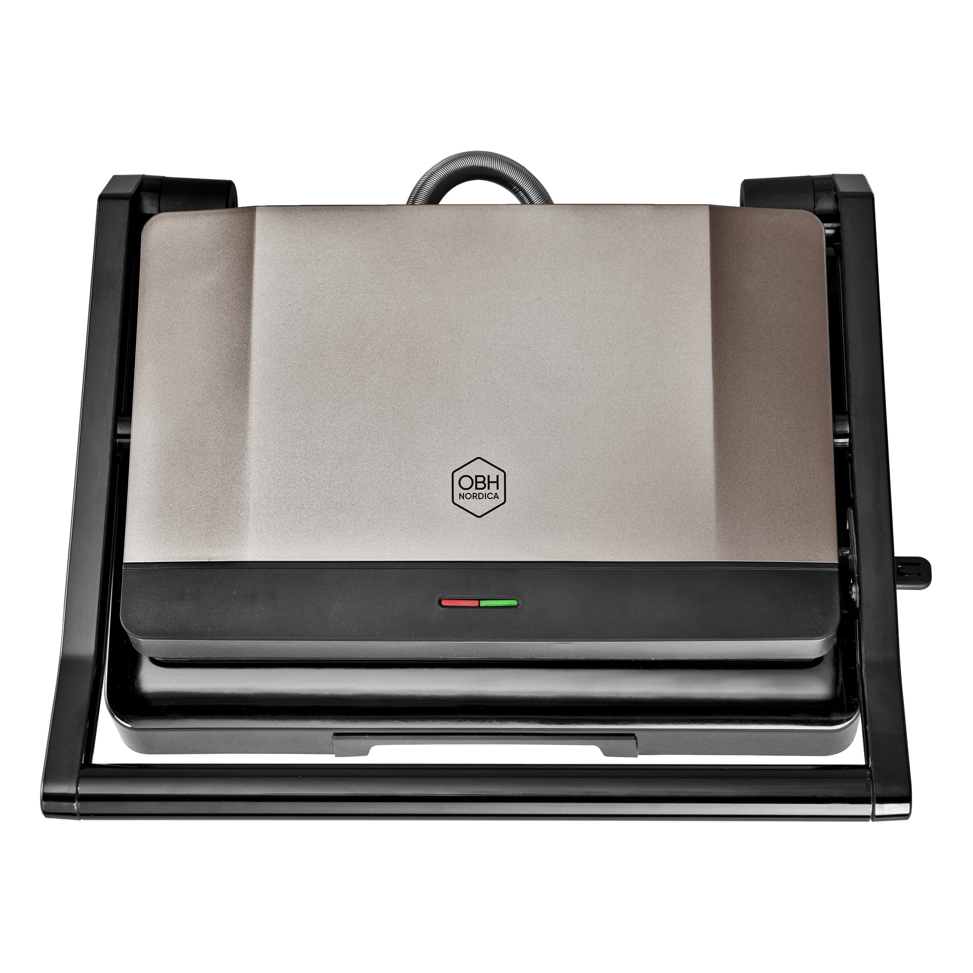 En OBH Nordica kontaktgrill i rostfritt stål med svarta handtag, stängt lock och främre indikatorlampor.