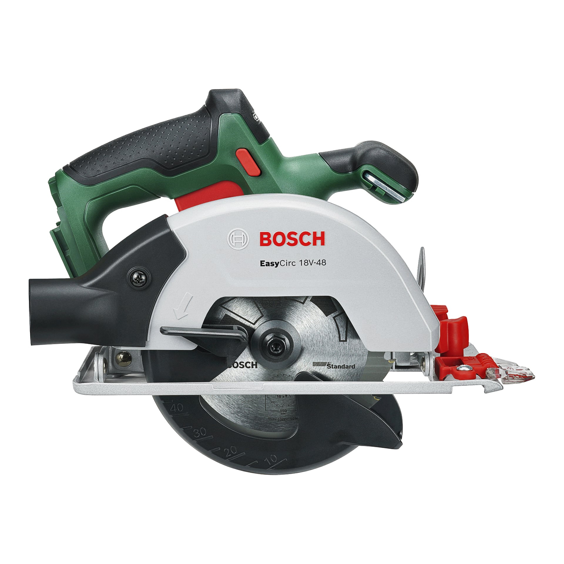 En Bosch EasyCirc 18V-48 batteridrevet sirkelsag med grønt og svart håndtak, sølvfarget bladskjerm og rød sikkerhetsbryter, sett fra siden.