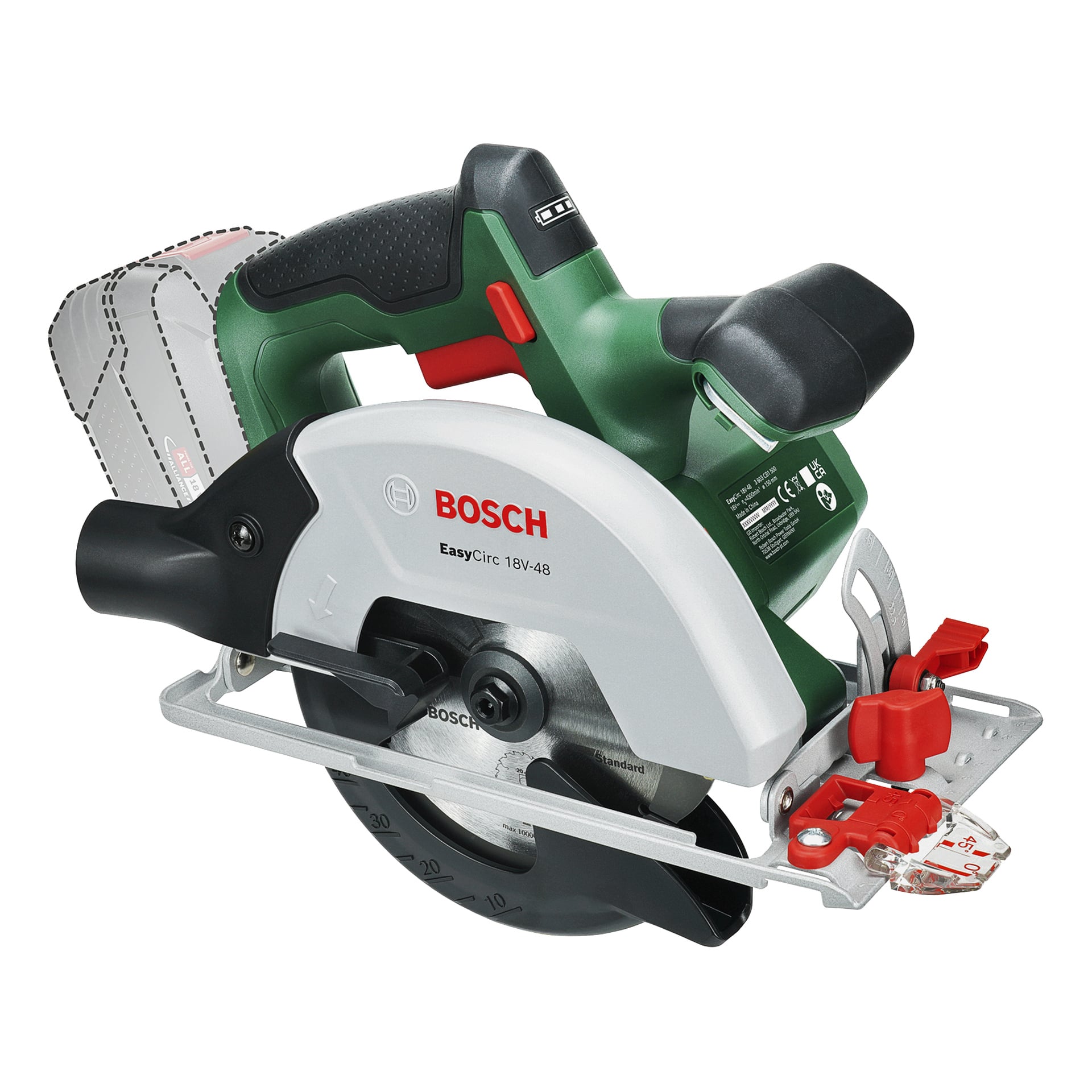 Grønn og svart Bosch EasyCirc 18V-48 batteridrevet sirkelsag med sølvblad, røde knotter og halvgjennomsiktig batterirom bak.