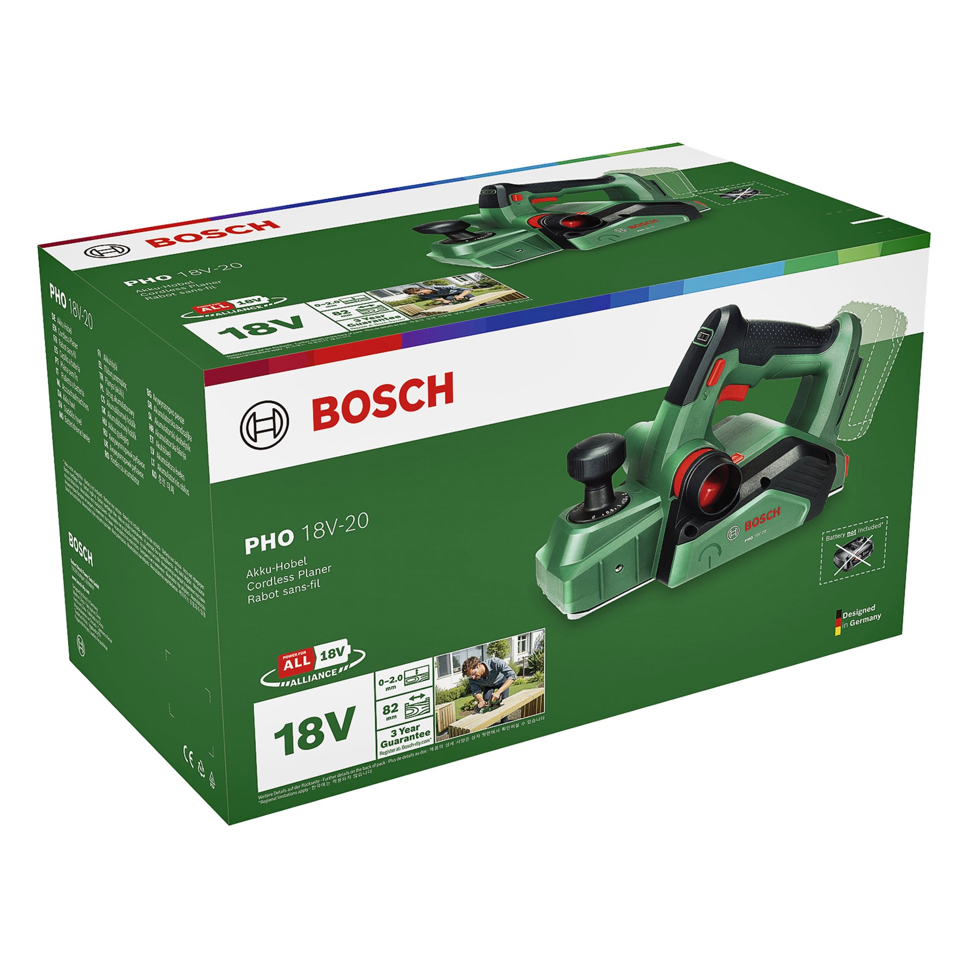 En grön Bosch PHO 18V-20 sladdlös hyvel visas på kartongen med bilder, specifikationer och varumärke, vilket framhäver kompatibiliteten med 18 V-batterier.