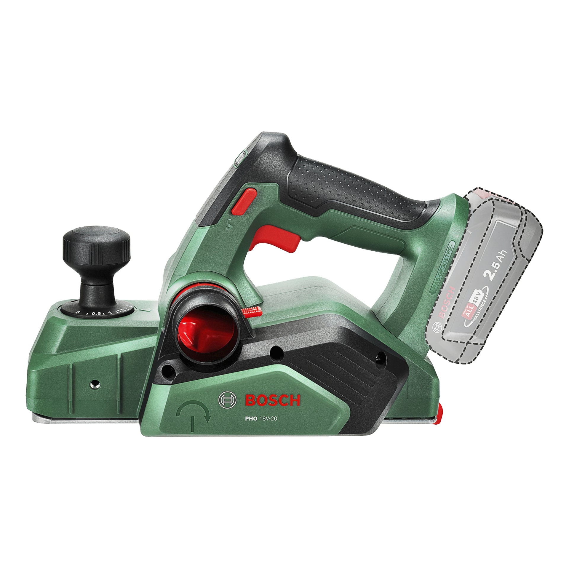 En grön och svart sladdlös hyvel från Bosch har en röd justeringsknopp, ergonomiskt handtag och löstagbart batteripaket.
