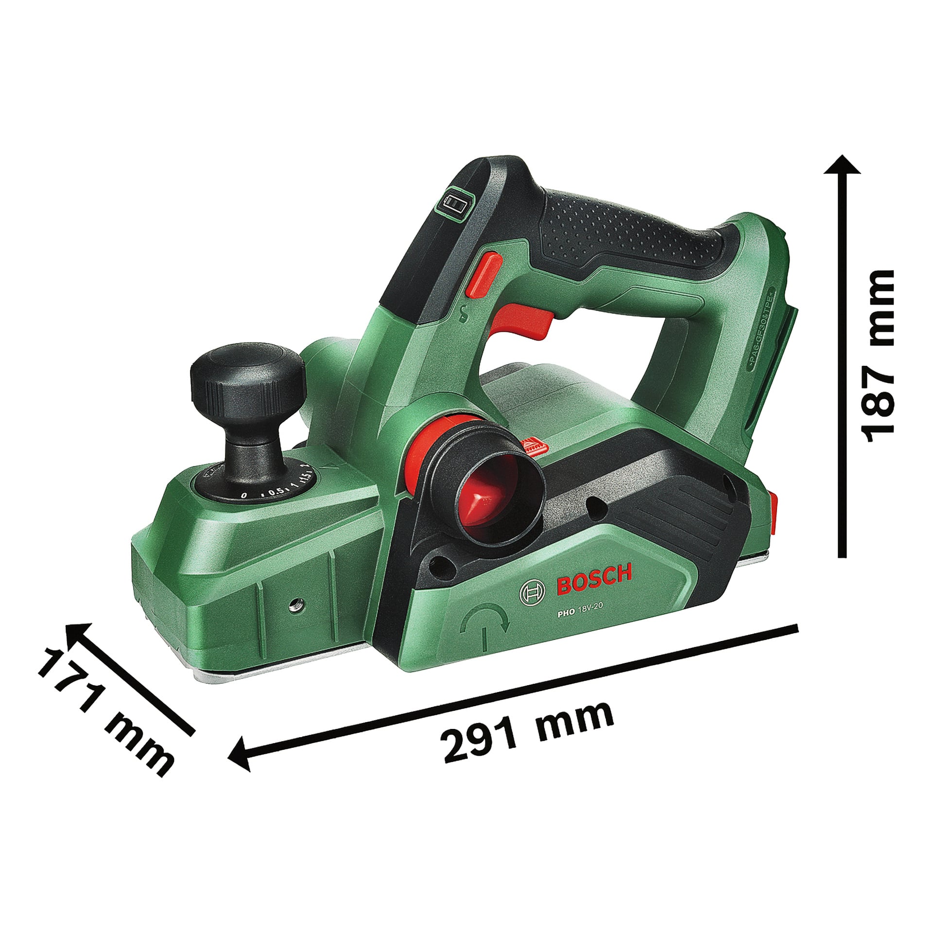 Bosch grön handhållen hyvel med svart handtag, röda detaljer; Märkta mått: 291x171x187 mm. Modell: PHO 1500.