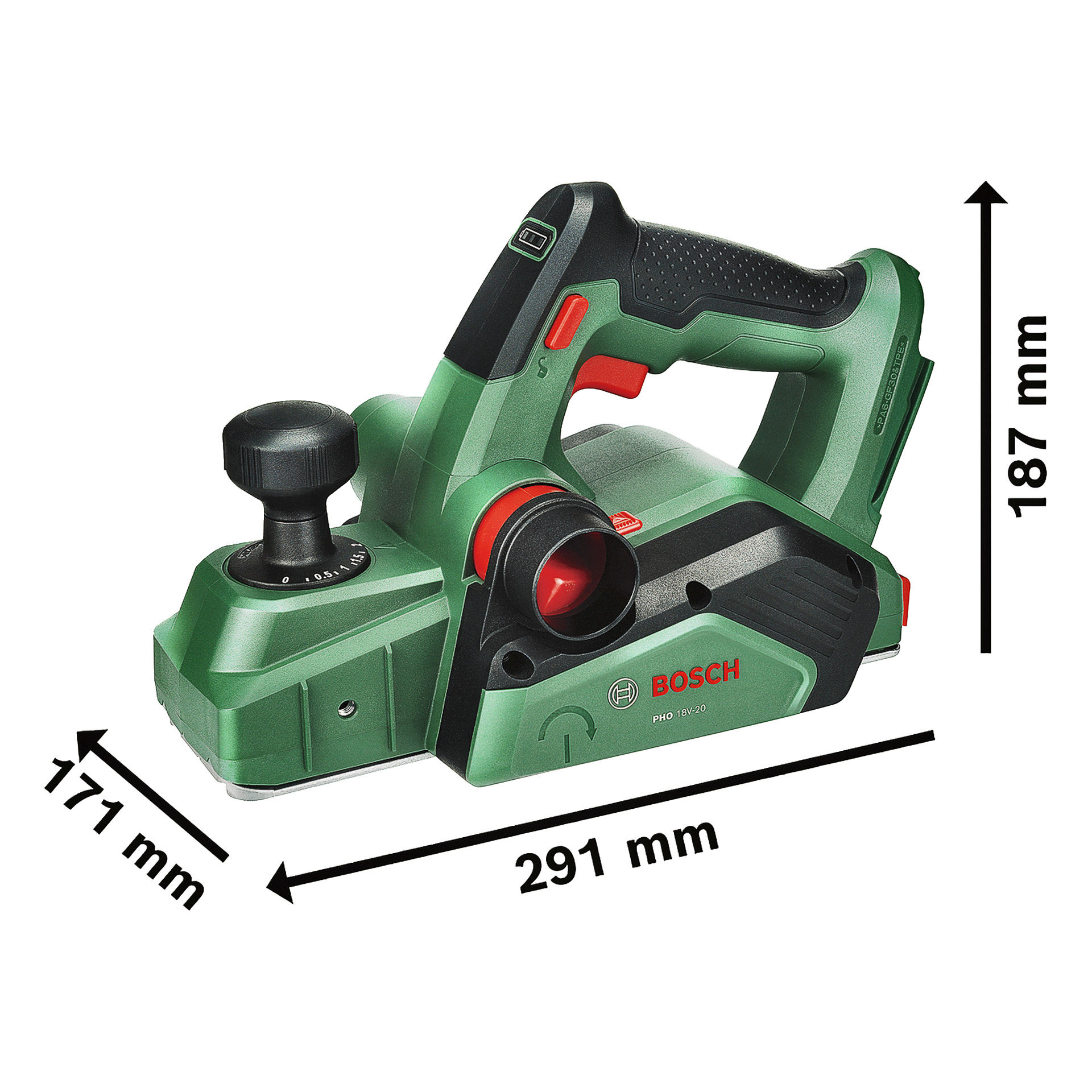 Bosch grüner Handhobel mit schwarzem Griff, rote Details; Beschriftete Abmessungen: 291x171x187 mm. Modell: PHO 1500.