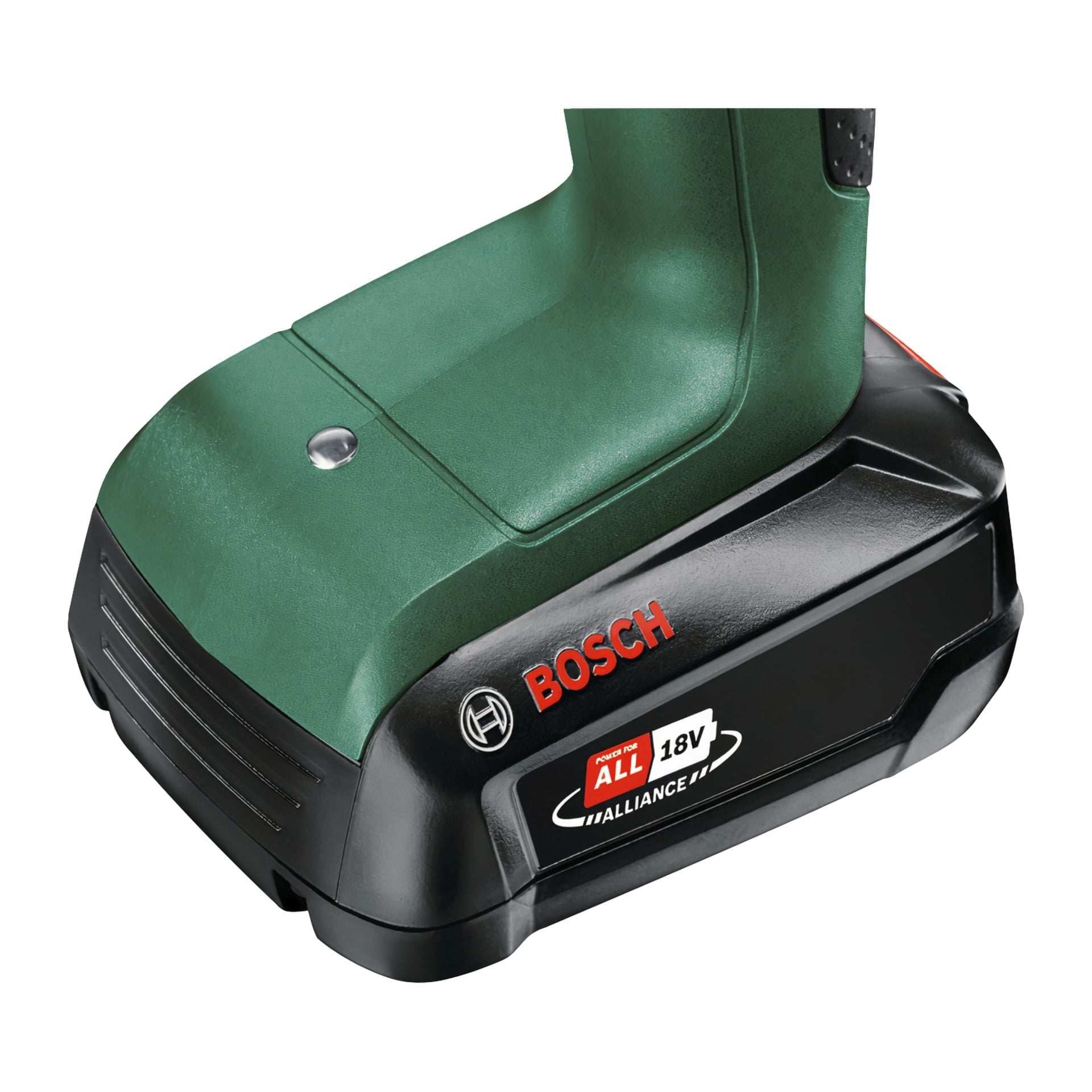 Närbild av basen på ett sladdlöst verktyg från Bosch, med ett grönt och svart handtag, ett svart 18 V batteripaket och en Bosch-logotyp i rött och vitt.