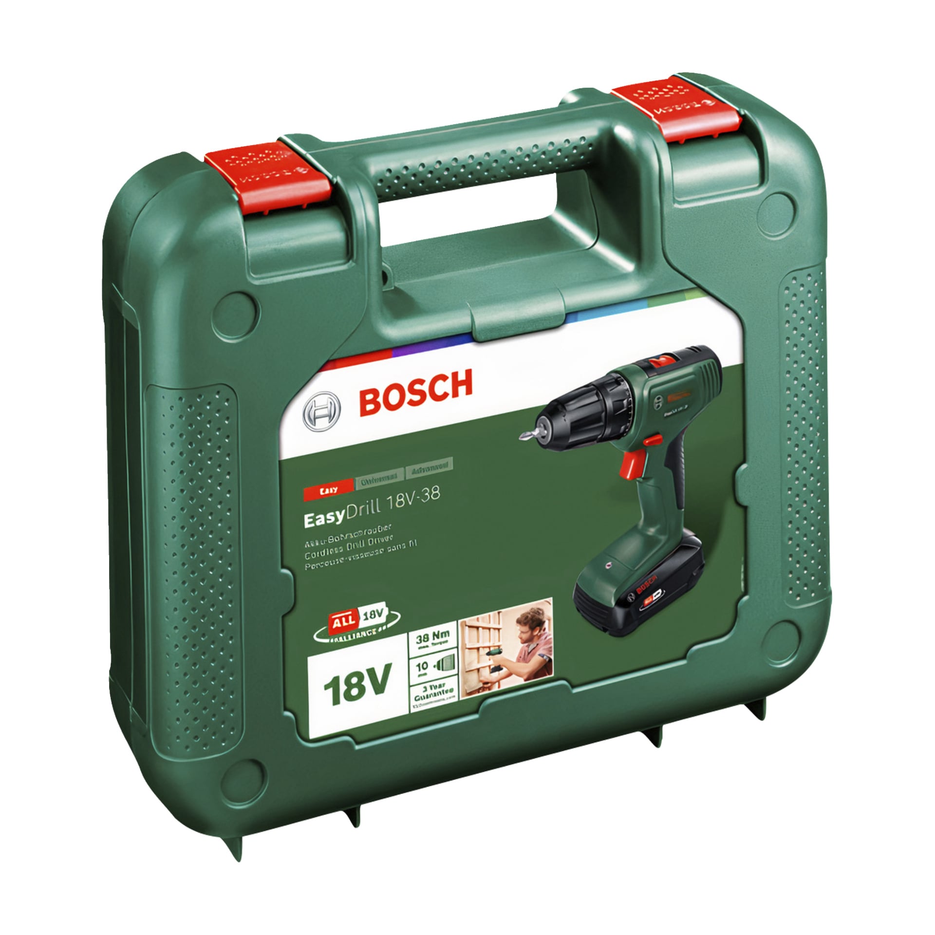 Grünes Kunststoffgehäuse von Bosch mit Etikett mit einem Akku-Bohrschrauber EasyDrill 18V-38 und Gebrauchsabbildungen; Griff und rote Sicherungsclips.