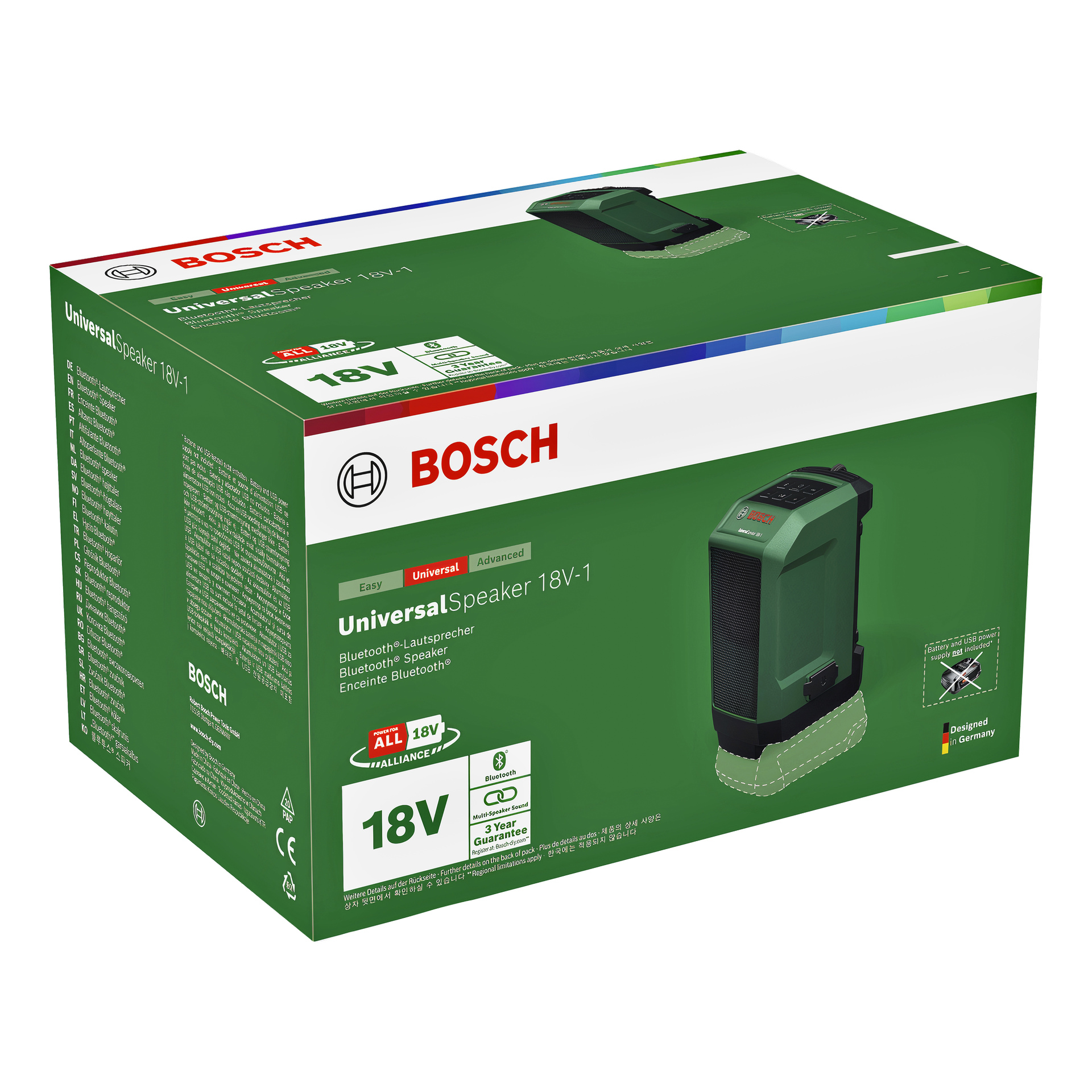 Vihreä ja musta Bosch UniversalSpeaker 18V-1 Bluetooth -kaiutin näkyy vihreässä laatikossa, jossa on "18V", "Bluetooth" ja Bosch-logo.