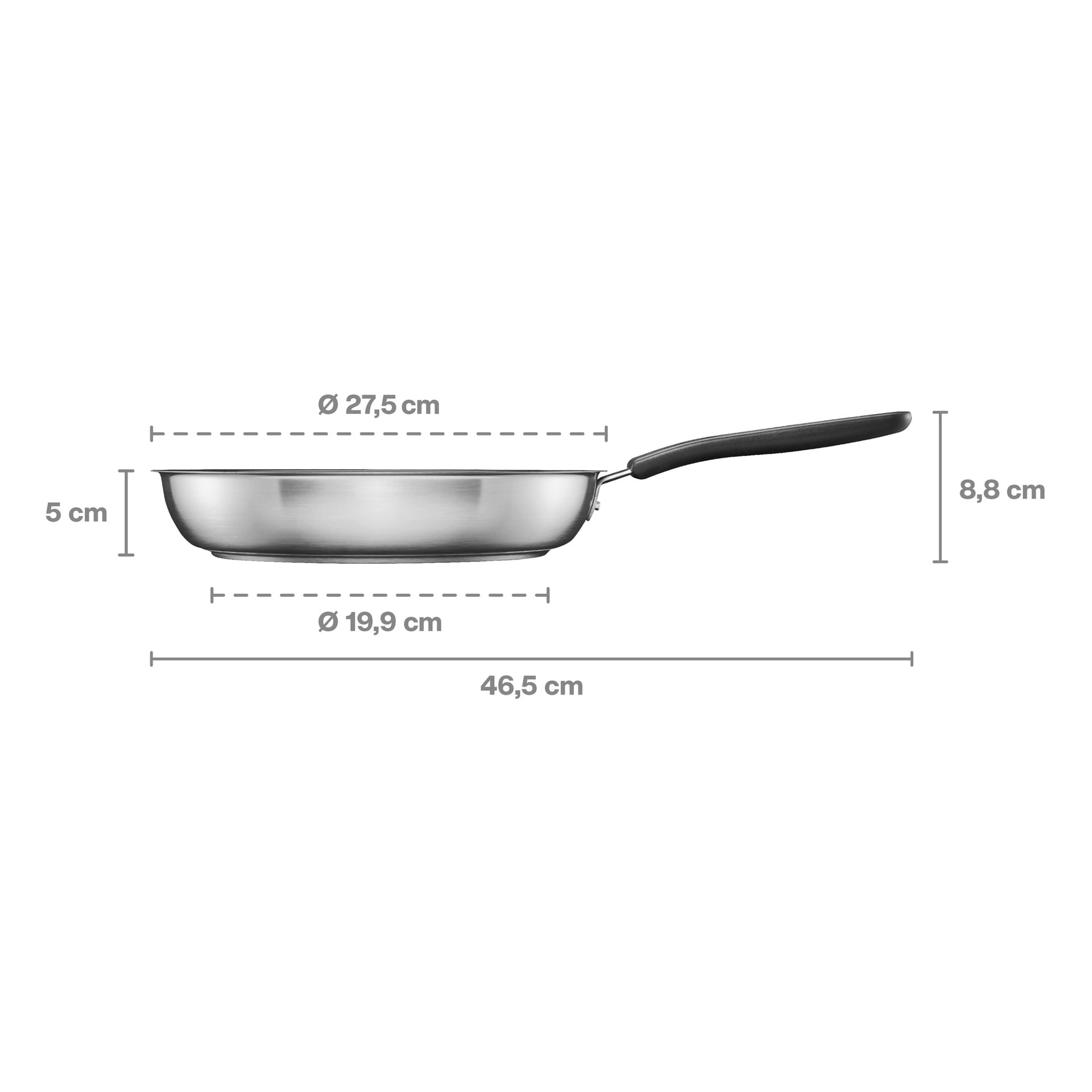 Bratpfanne aus Edelstahl mit schwarzem Griff im Profil, beschriftet: 27,5 cm Durchmesser, 19,9 Boden, 5 Höhe, 8,8 Griff, 46,5 Länge.