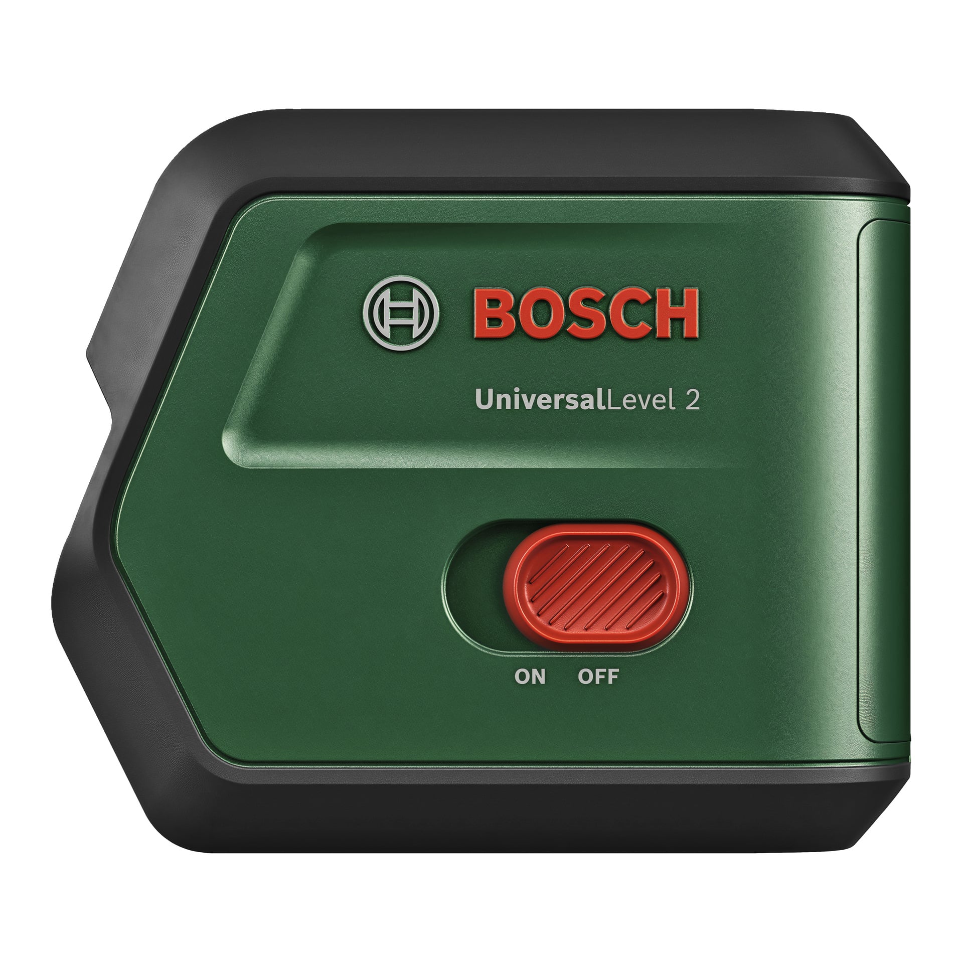 Lähikuva Bosch UniversalLevel 2:sta, jossa näkyy sen vihreä runko, punainen virtakytkin ja Bosch-logo valkoisena ja punaisena.