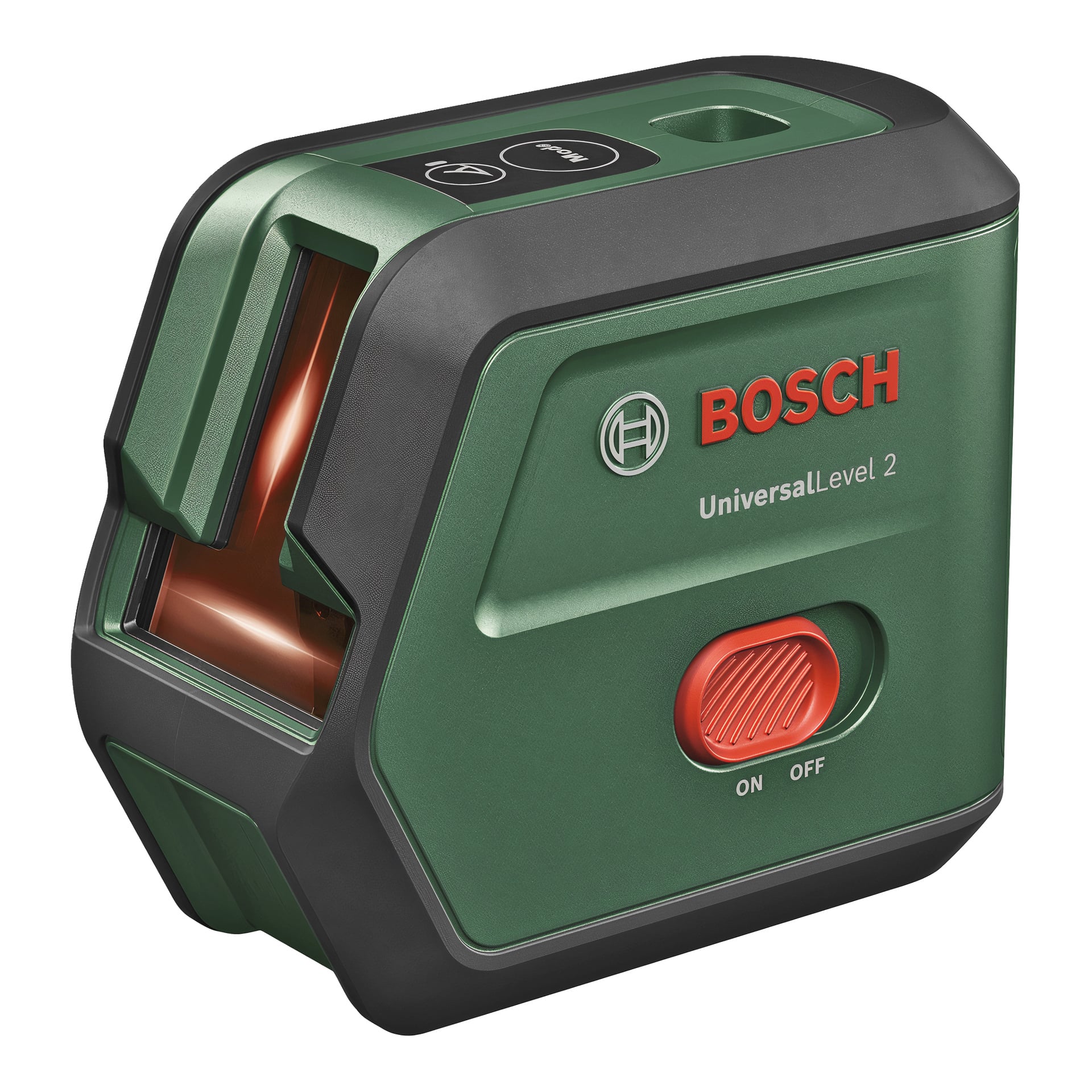 Bosch Universal Level 2 vihreä ja musta laservaaka, jossa on on/off-kytkin, logo ja edessä oleva laserikkuna.