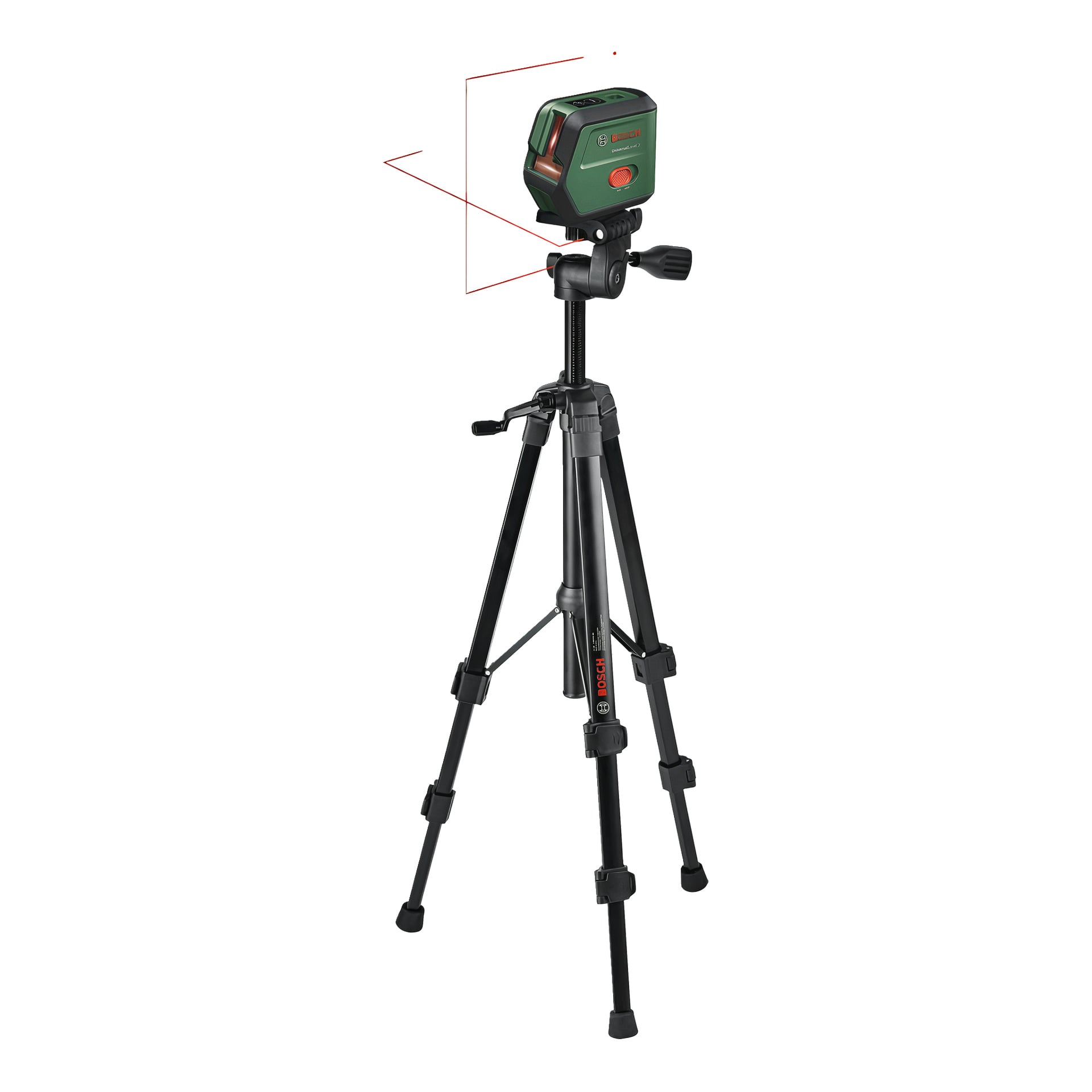 Vihreä ja musta Bosch-laservaaka mustalla jalustalla, joka heijastaa vaaka- ja pystysuuntaisia punaisia laserviivoja.