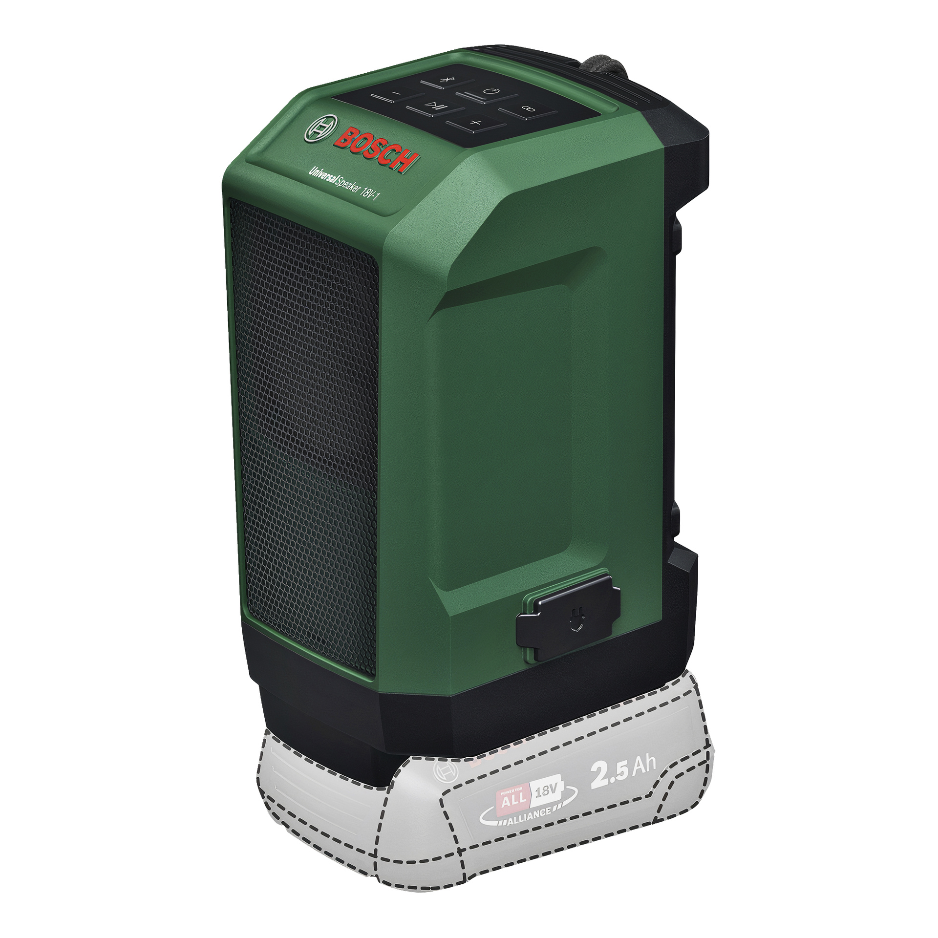Vihreä Boschin Bluetooth-kaiutin, jossa on musta säleikkö ja yläpainikkeet, ja sen alla on kuvattu 2,5 Ah 18 V akku.