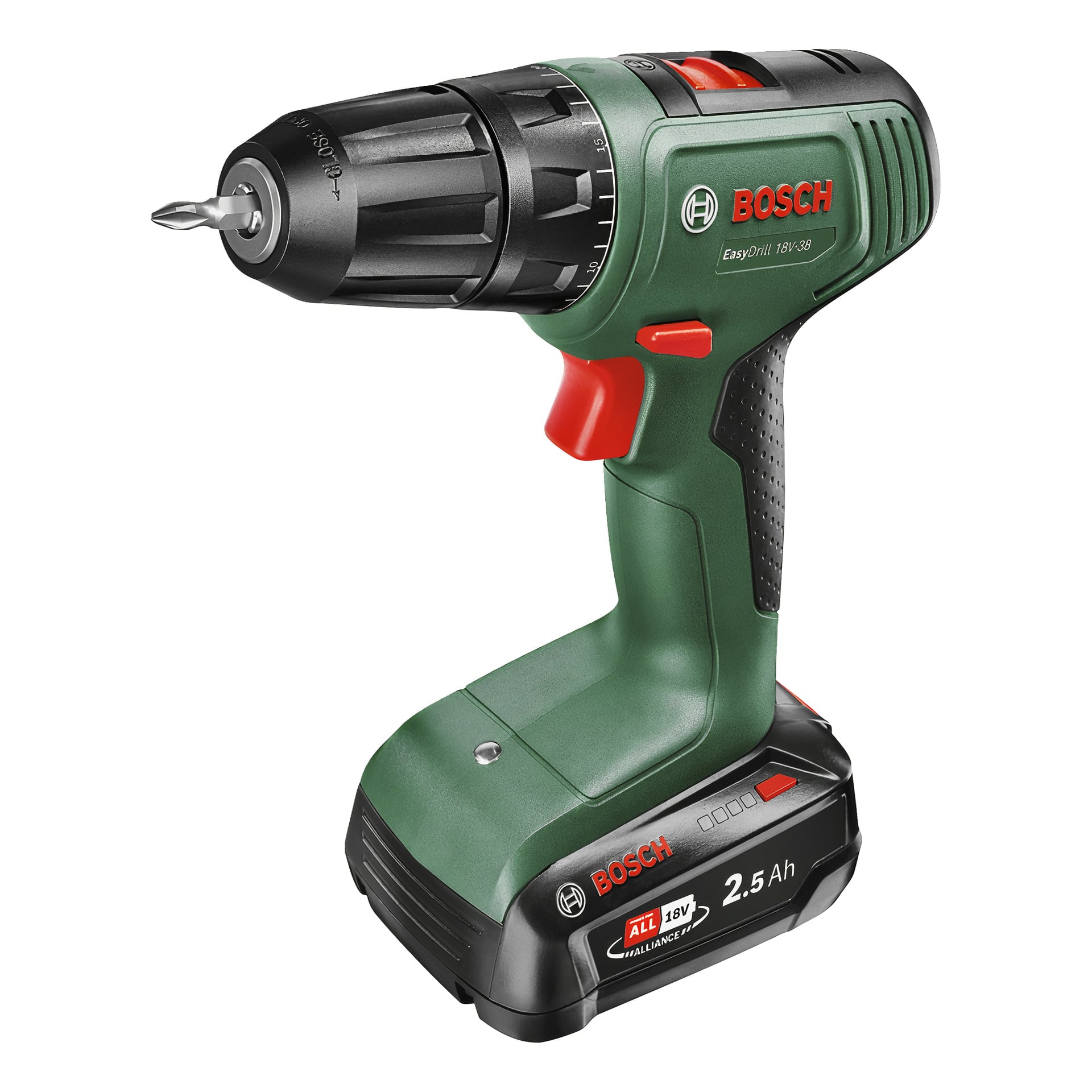 Bosch sladdlös borrmaskin med grönt och svart hölje, röd avtryckare, 18V 2,5Ah batteri vid basen och Phillips-bit i den svarta chucken.